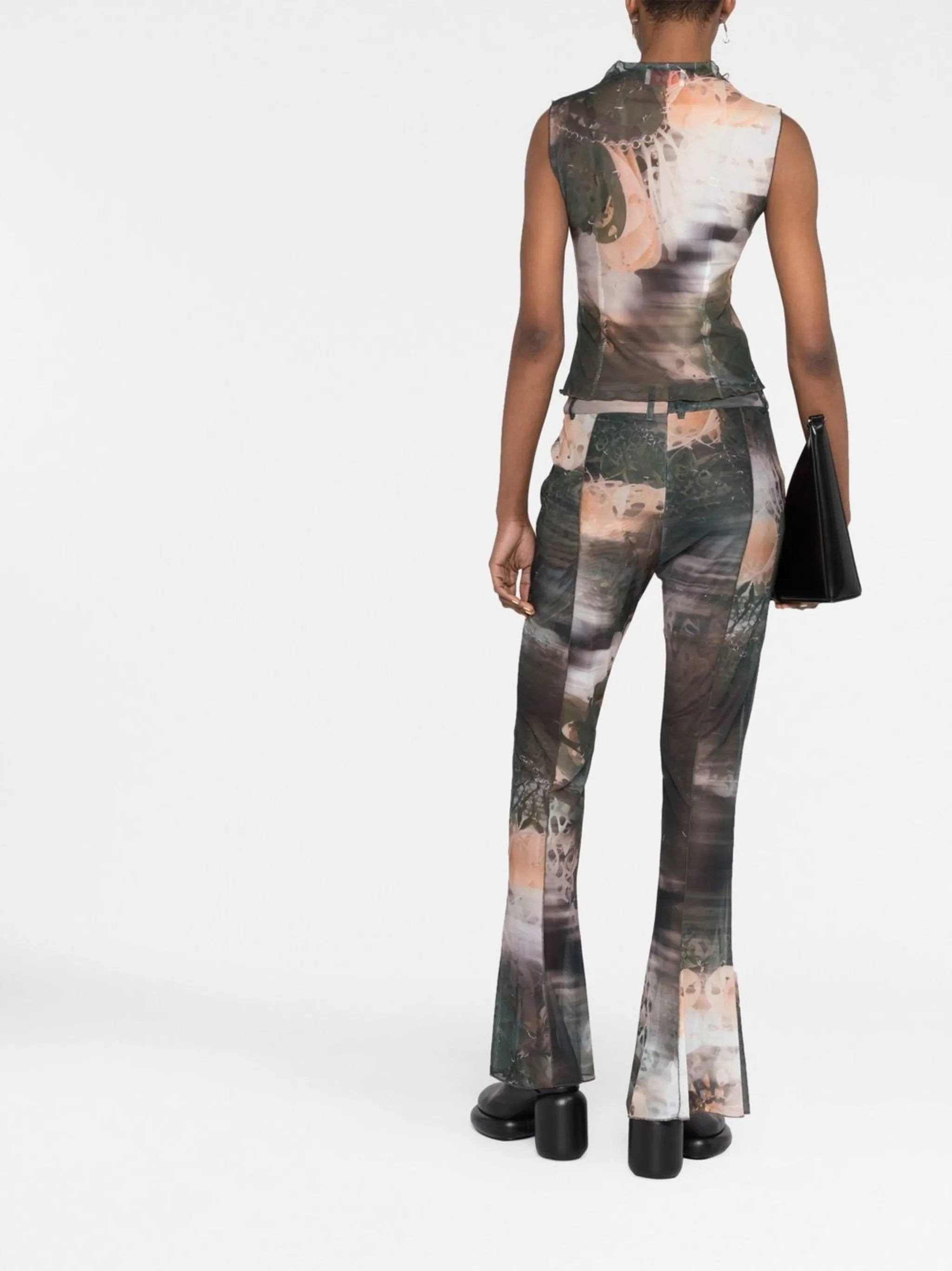 graphic-print mesh flared trousers