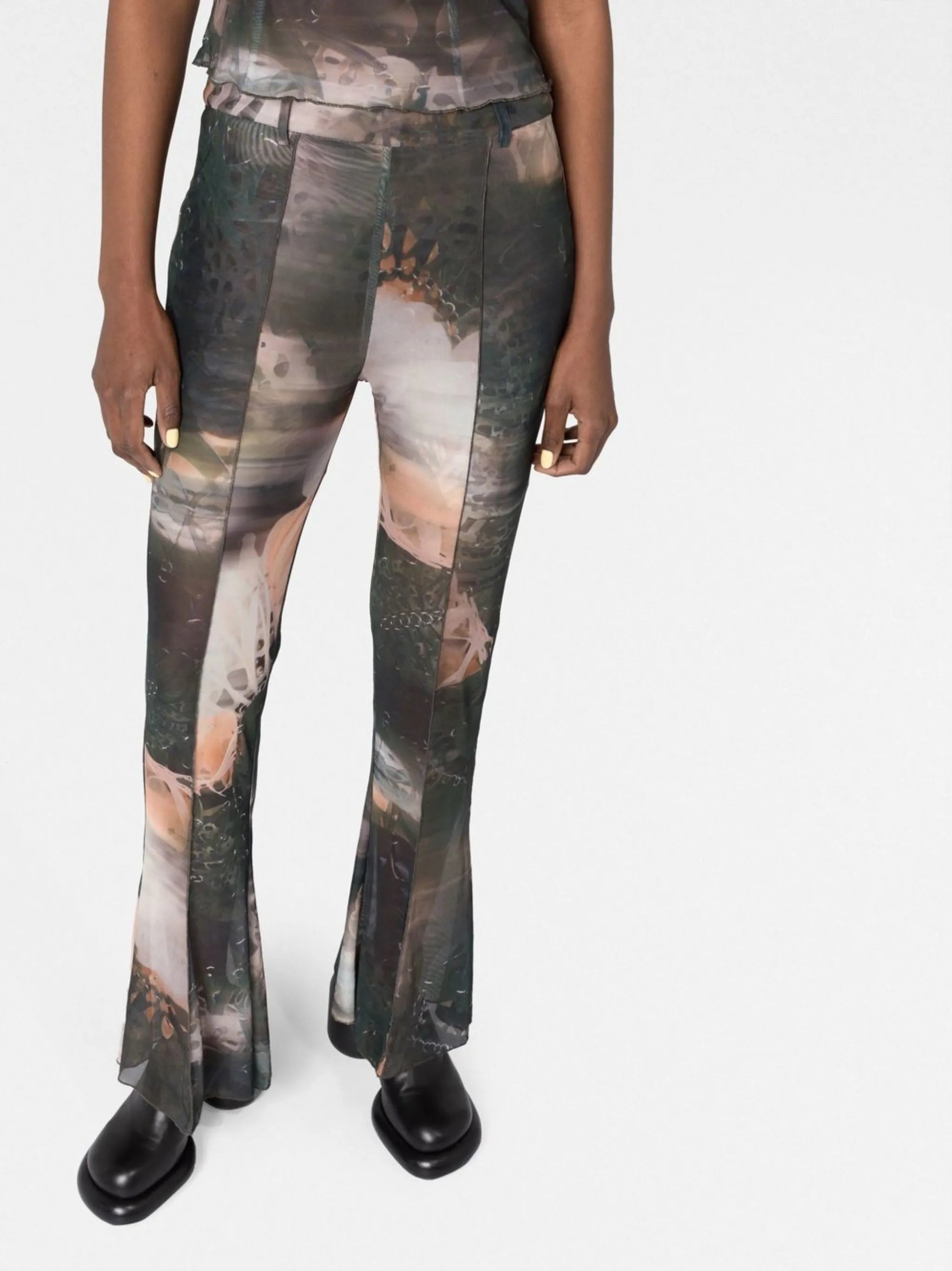 graphic-print mesh flared trousers