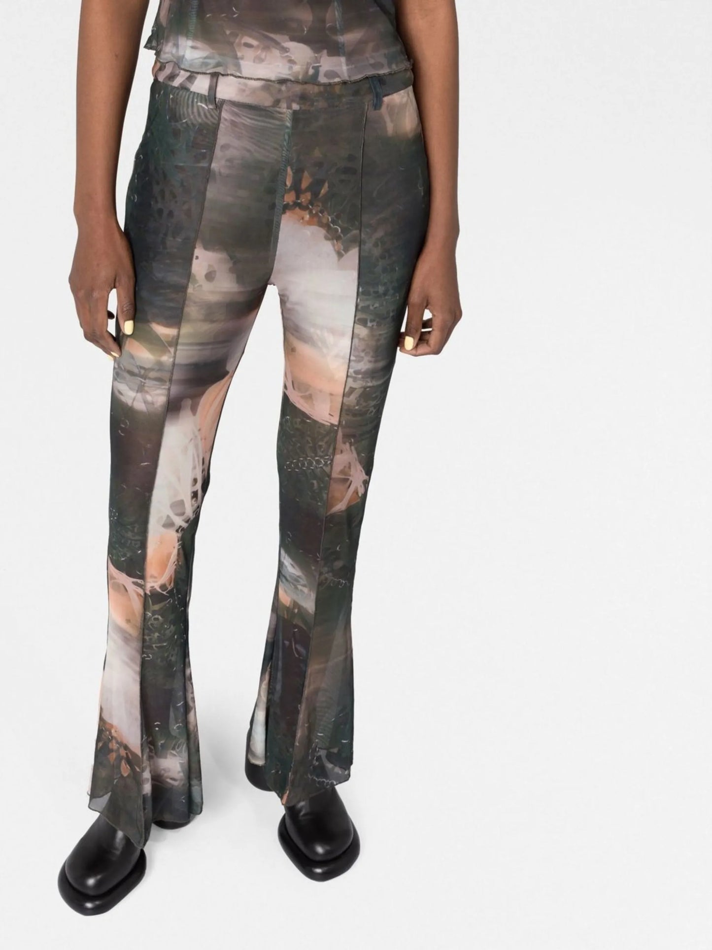 graphic-print mesh flared trousers