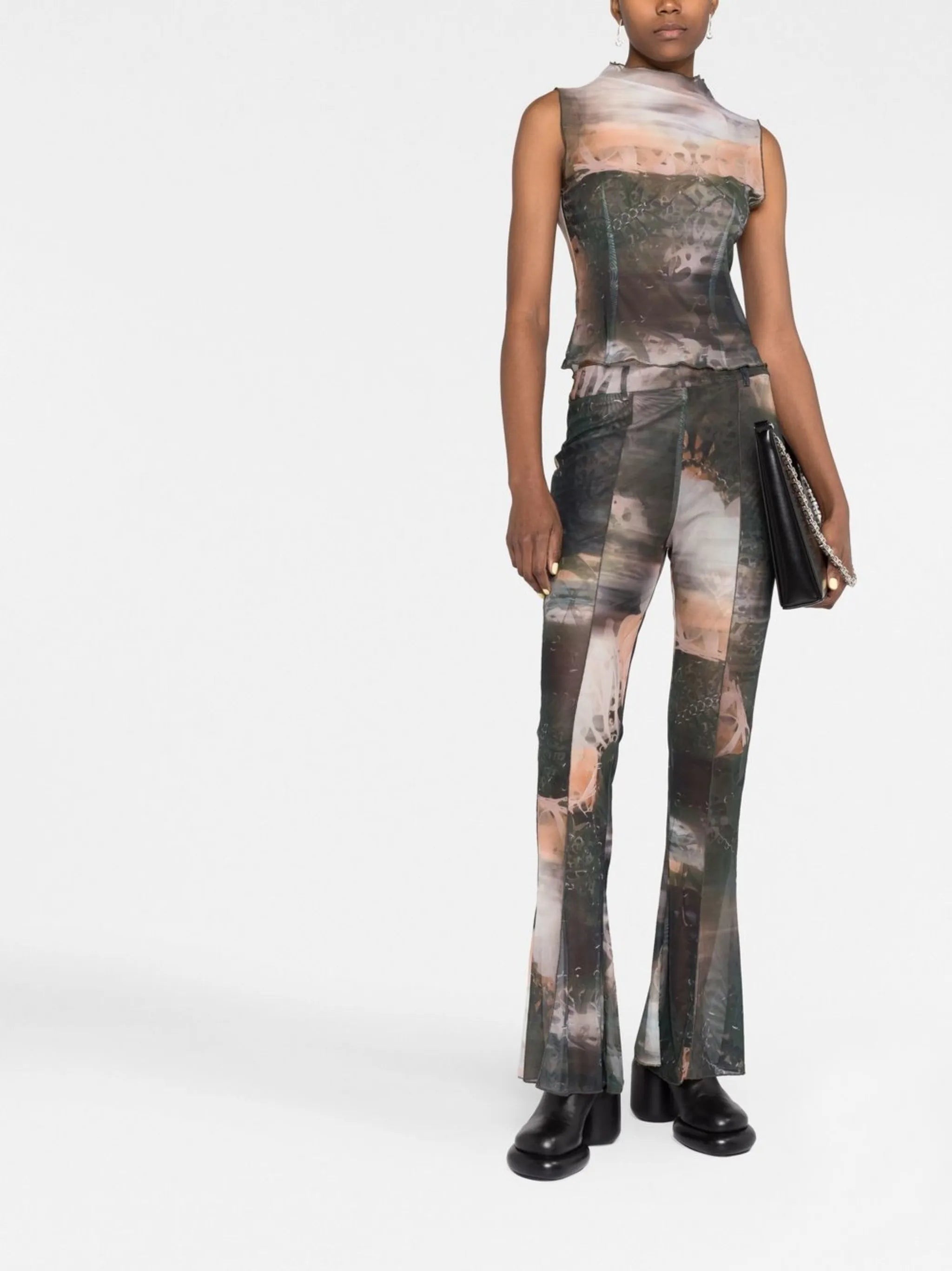 graphic-print mesh flared trousers