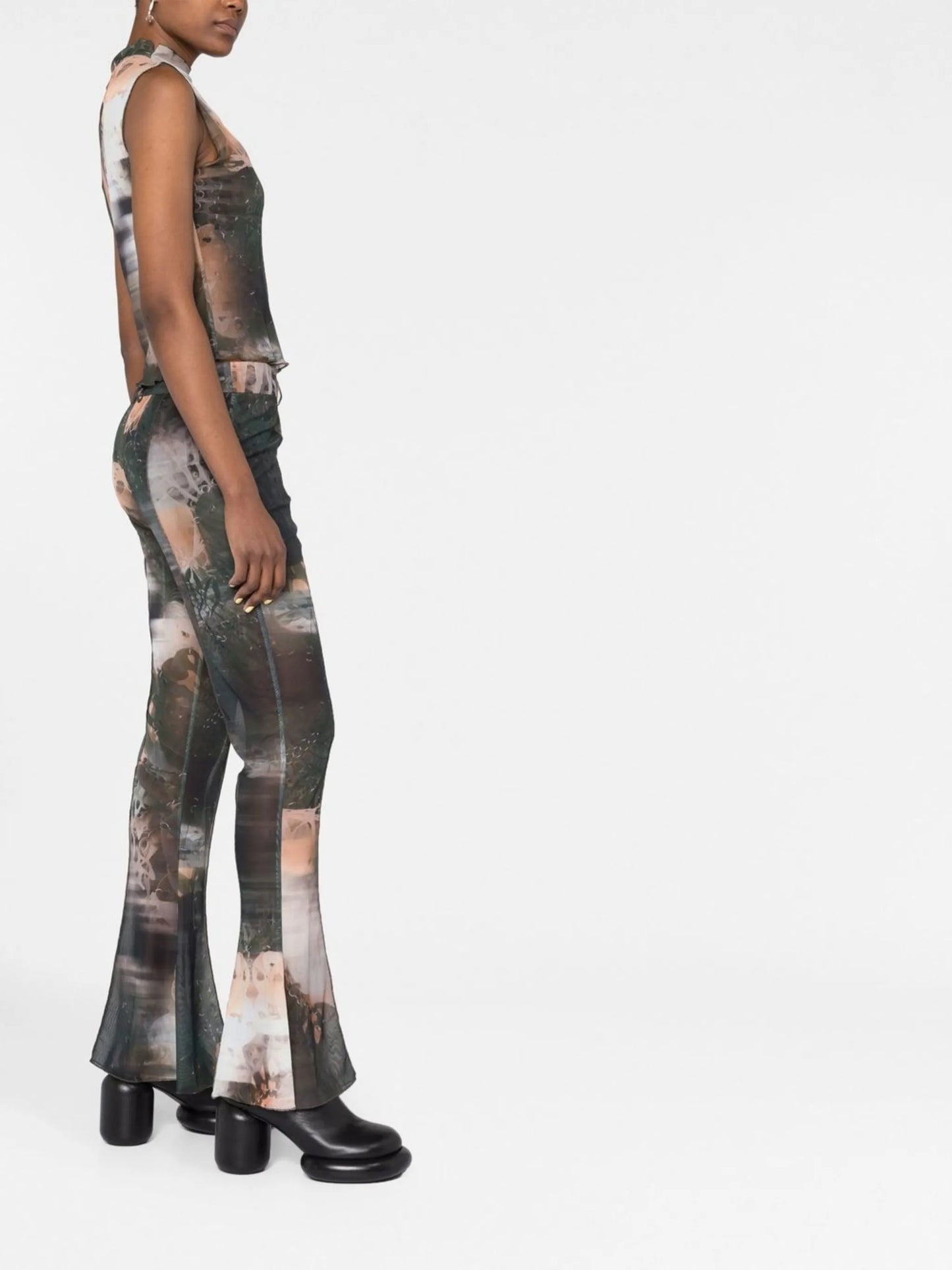 graphic-print mesh flared trousers