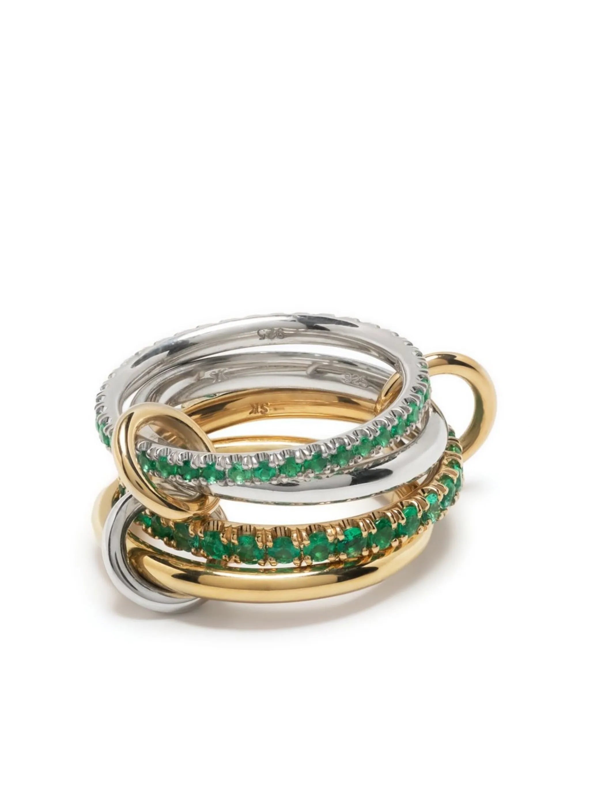 18kt yellow gold and silver emerald multi-link stacked ring