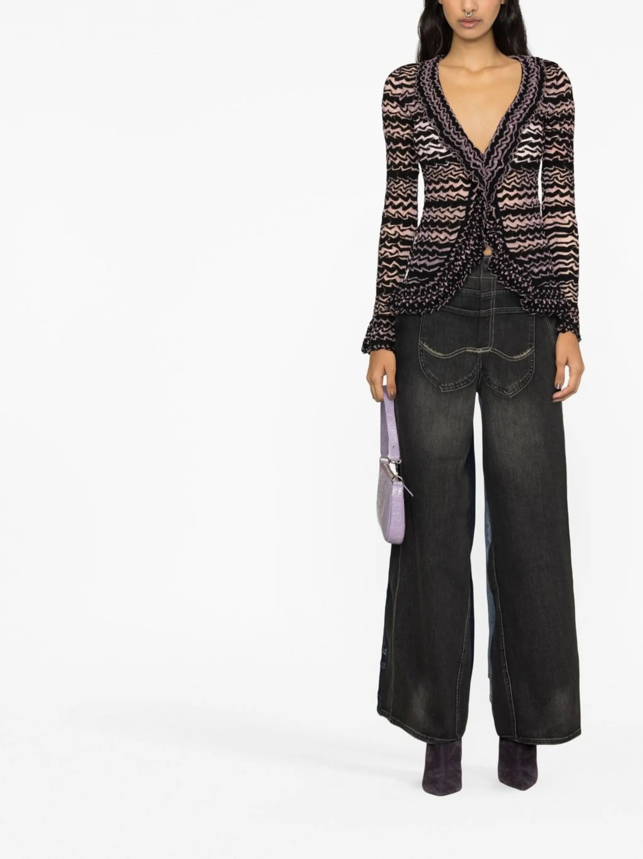 glass yarn striped ruffle cardigan