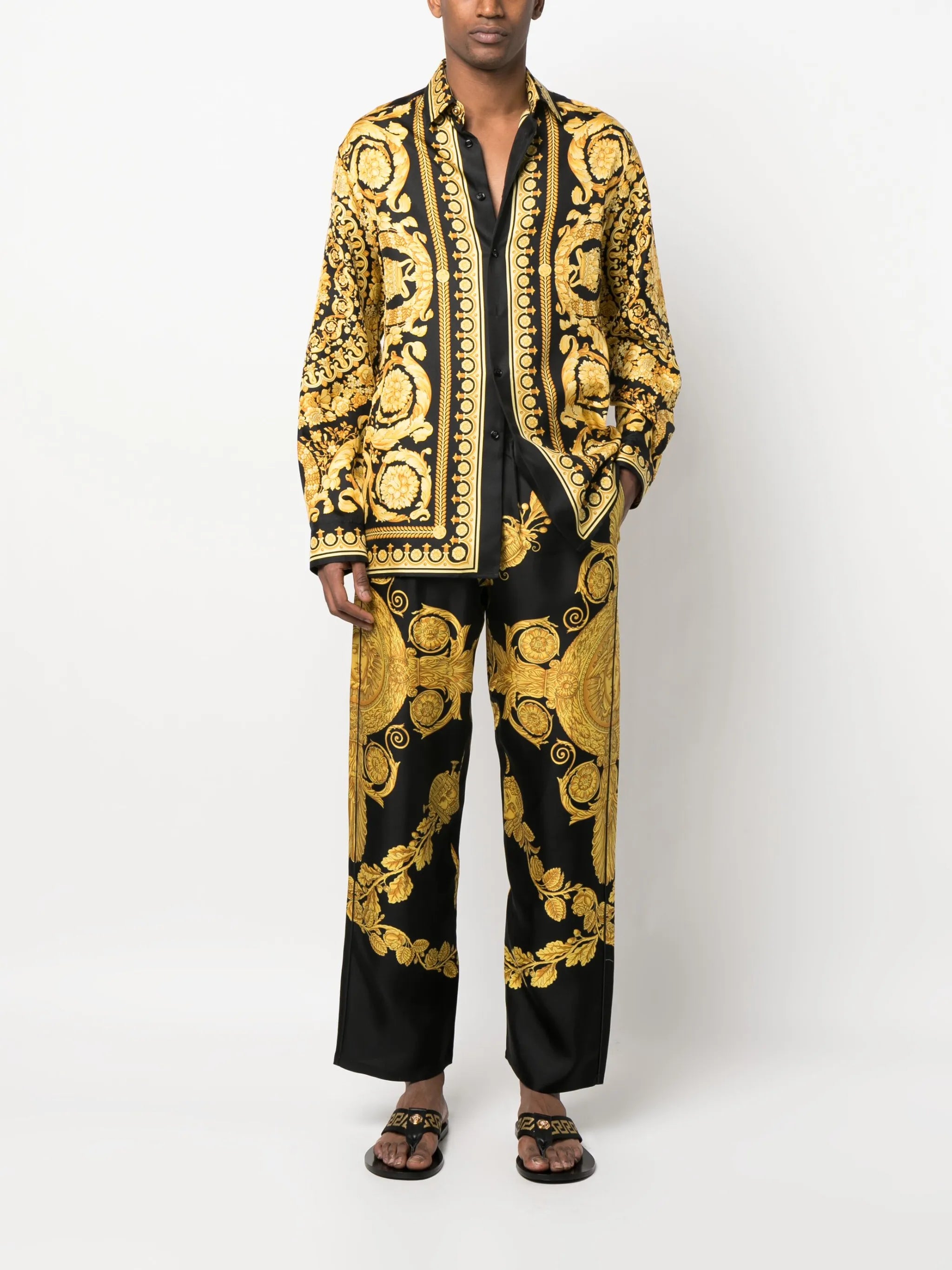 Barocco-print silk trousers