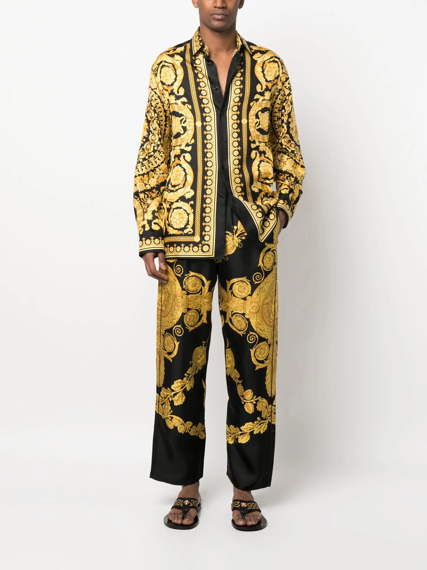 Barocco-print silk trousers