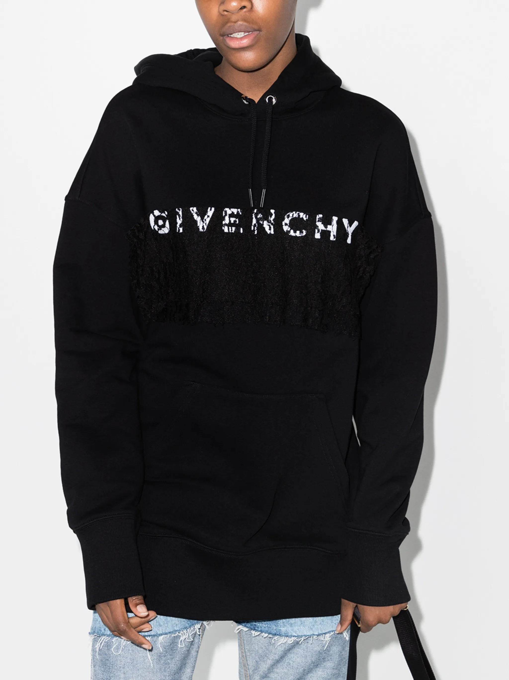 lace-detail logo-print hoodie