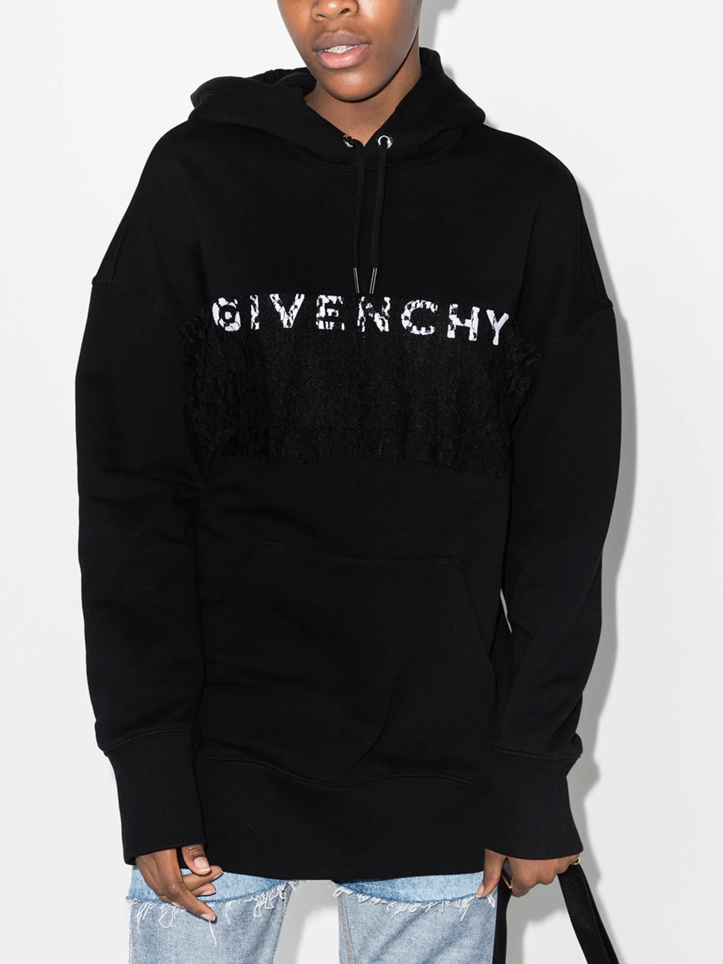 lace-detail logo-print hoodie