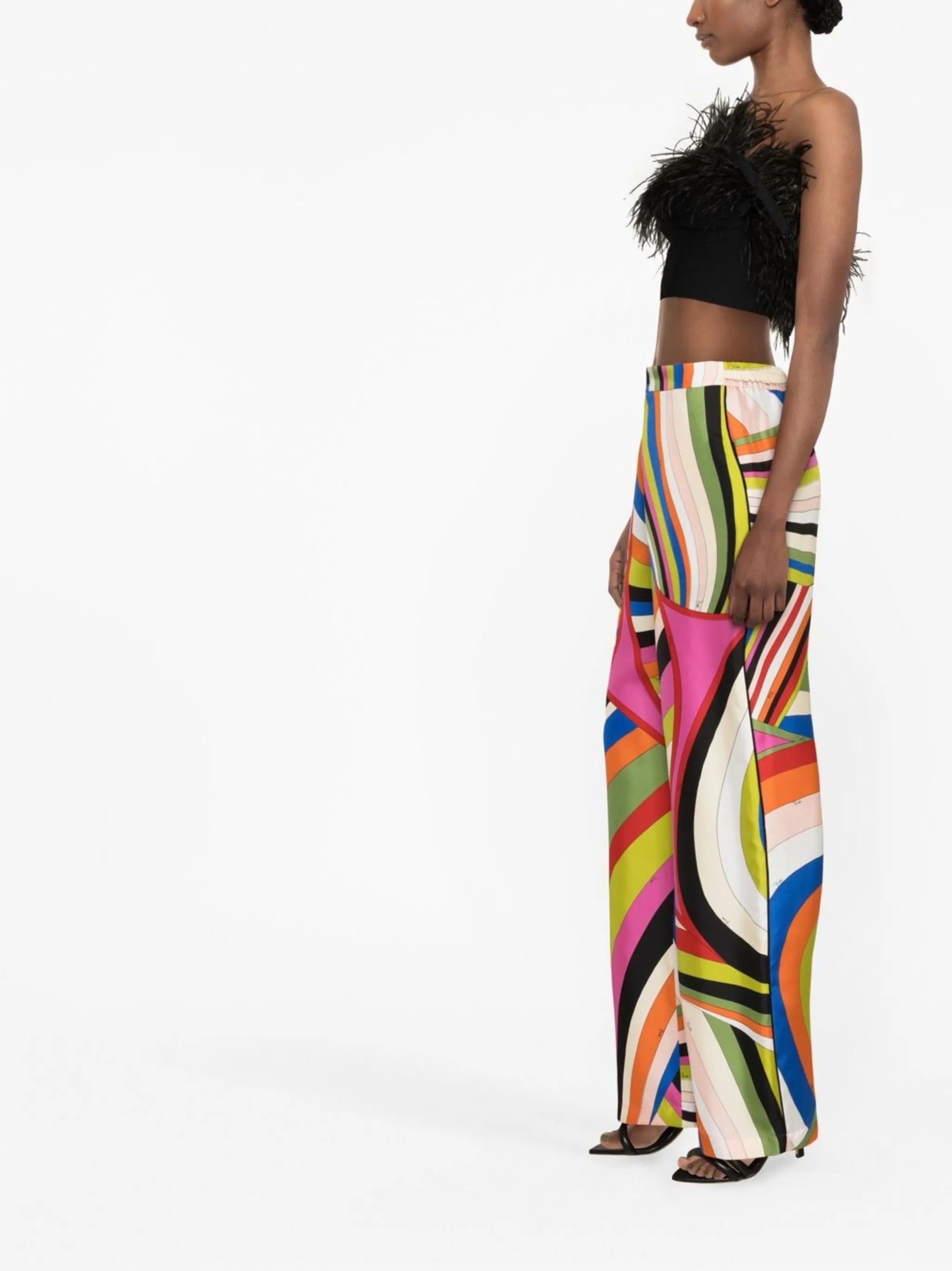 Iride-print wide-leg silk trousers