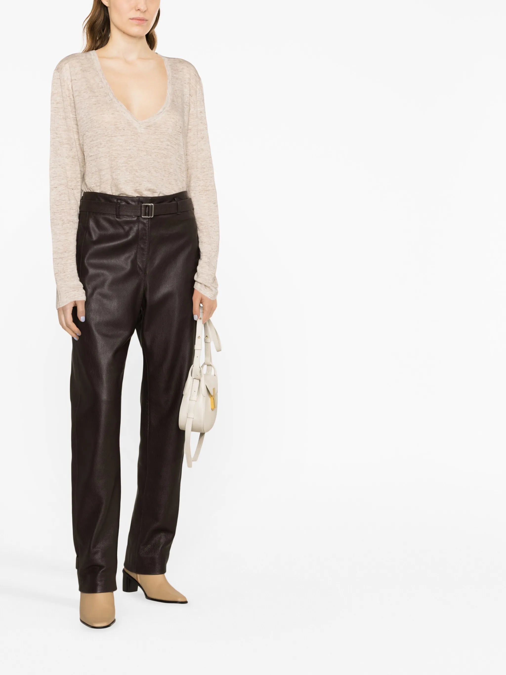 long-sleeve V-neck linen top
