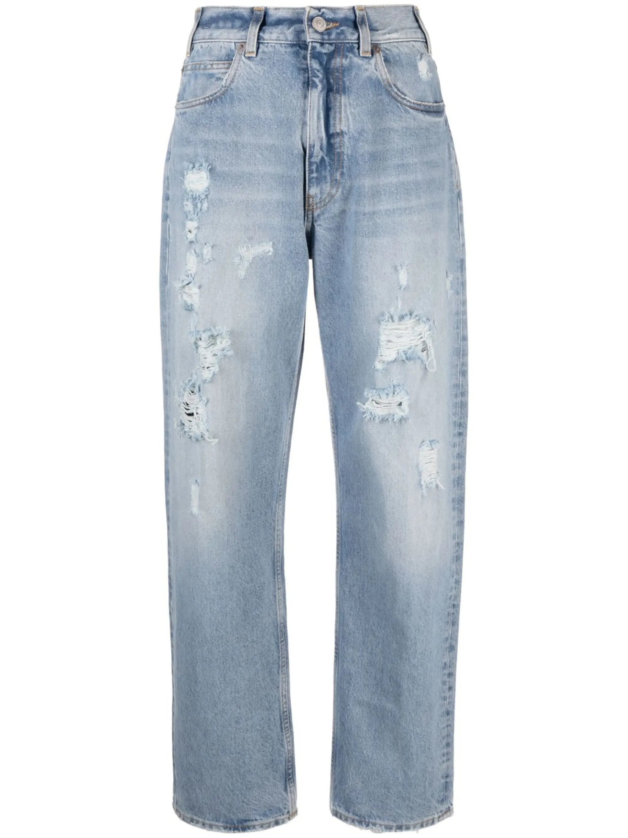 straight-leg distressed denim trousers