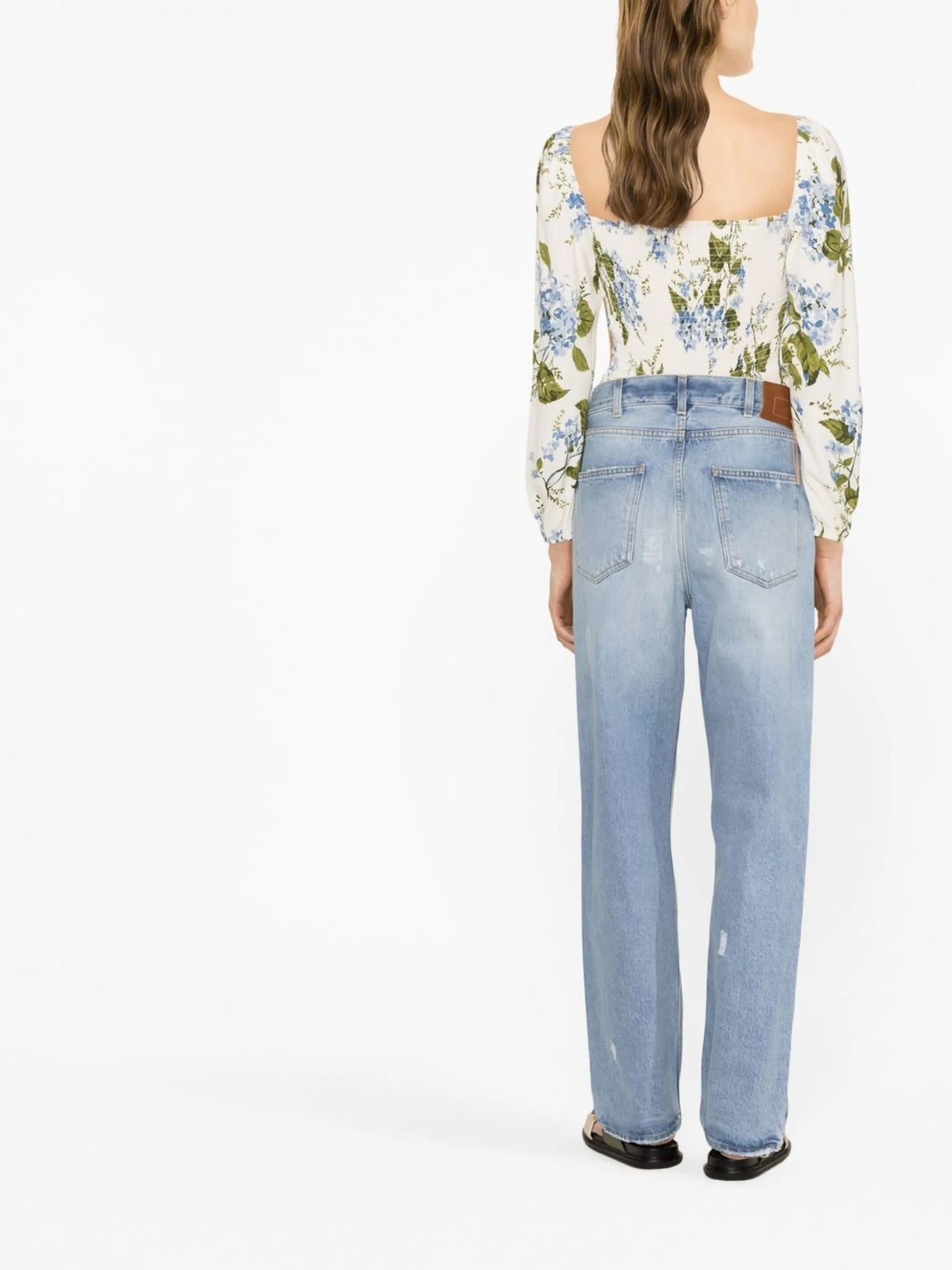 straight-leg distressed denim trousers