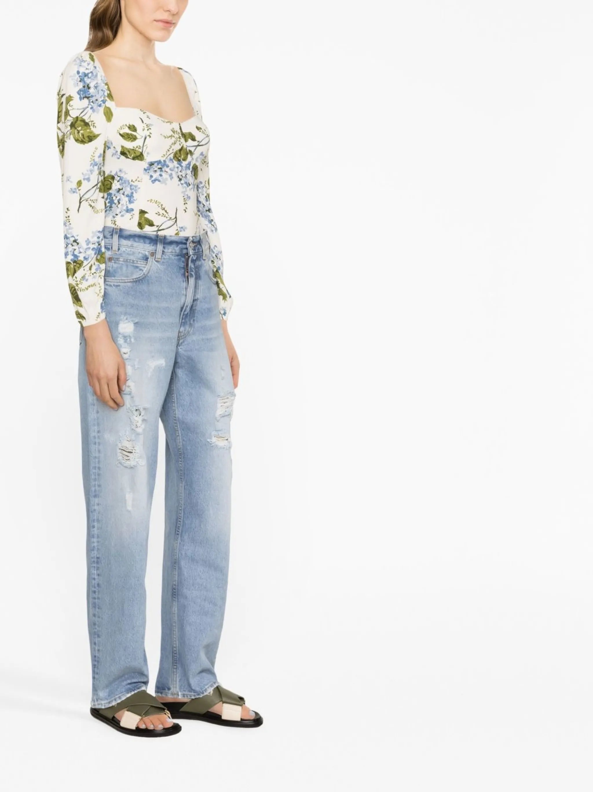 straight-leg distressed denim trousers
