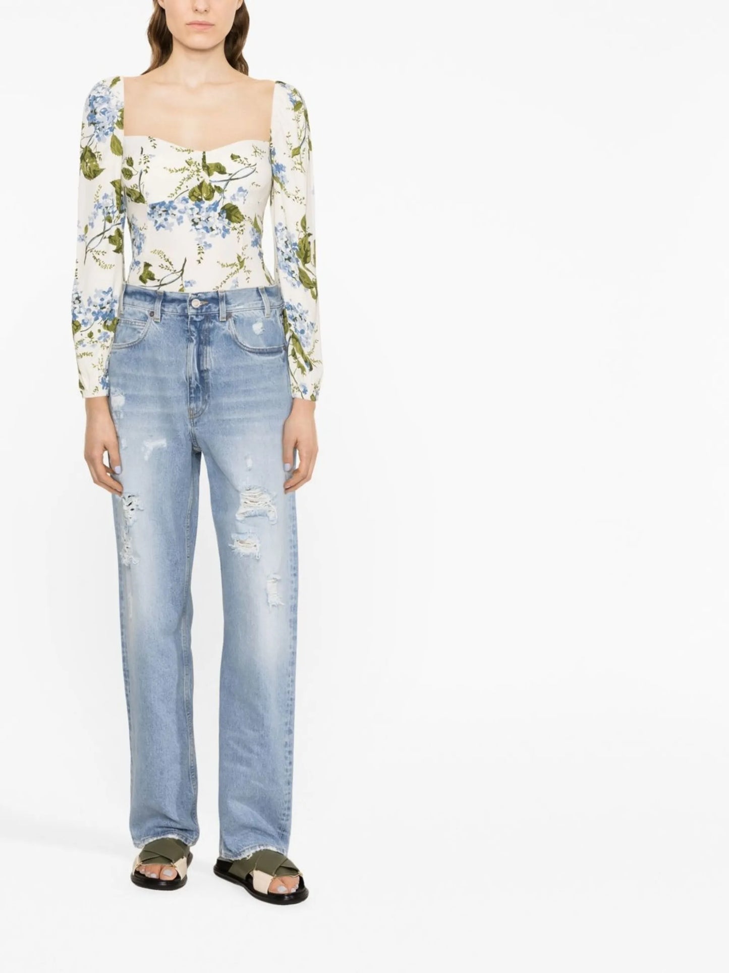 straight-leg distressed denim trousers