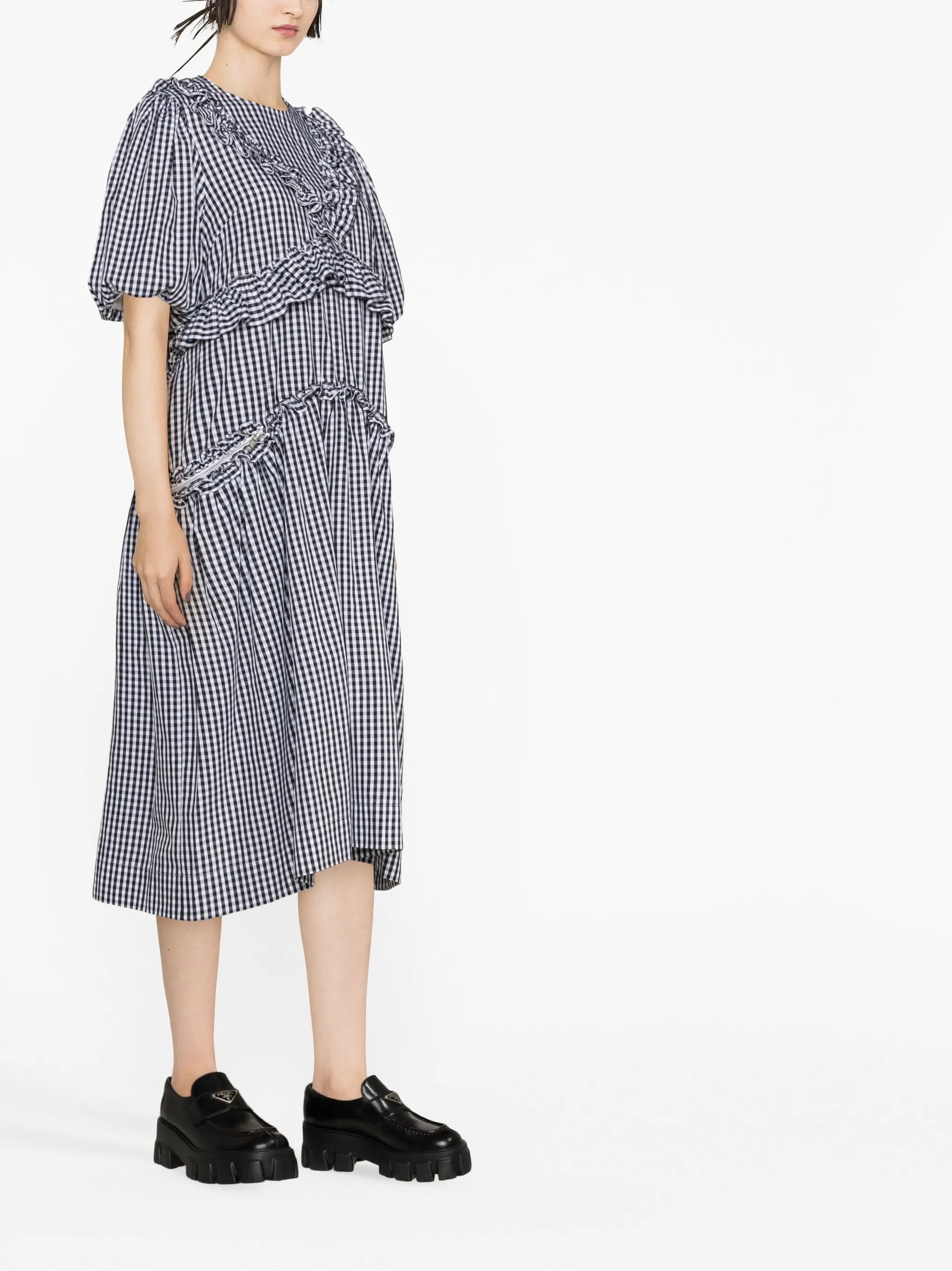 gingham-check puff-sleeve dress