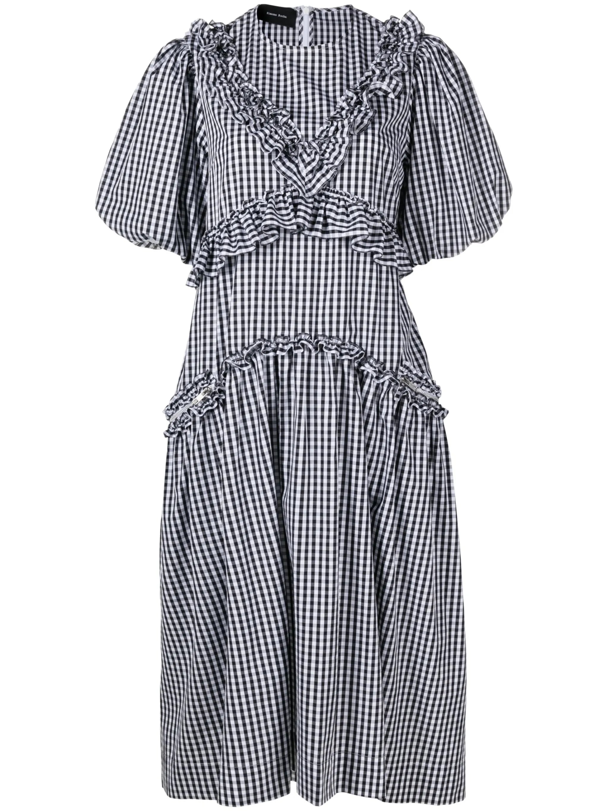 gingham-check puff-sleeve dress