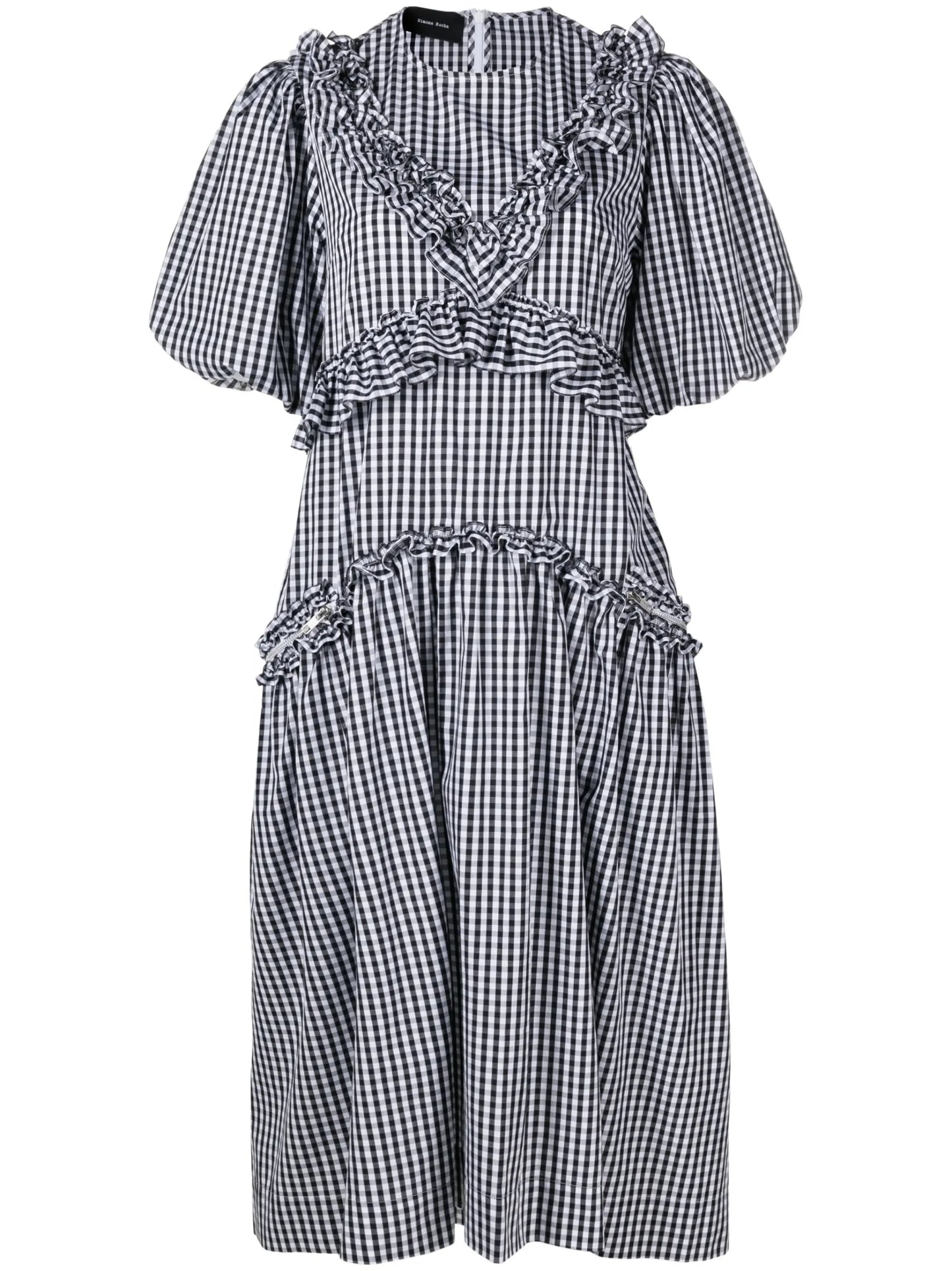 gingham-check puff-sleeve dress