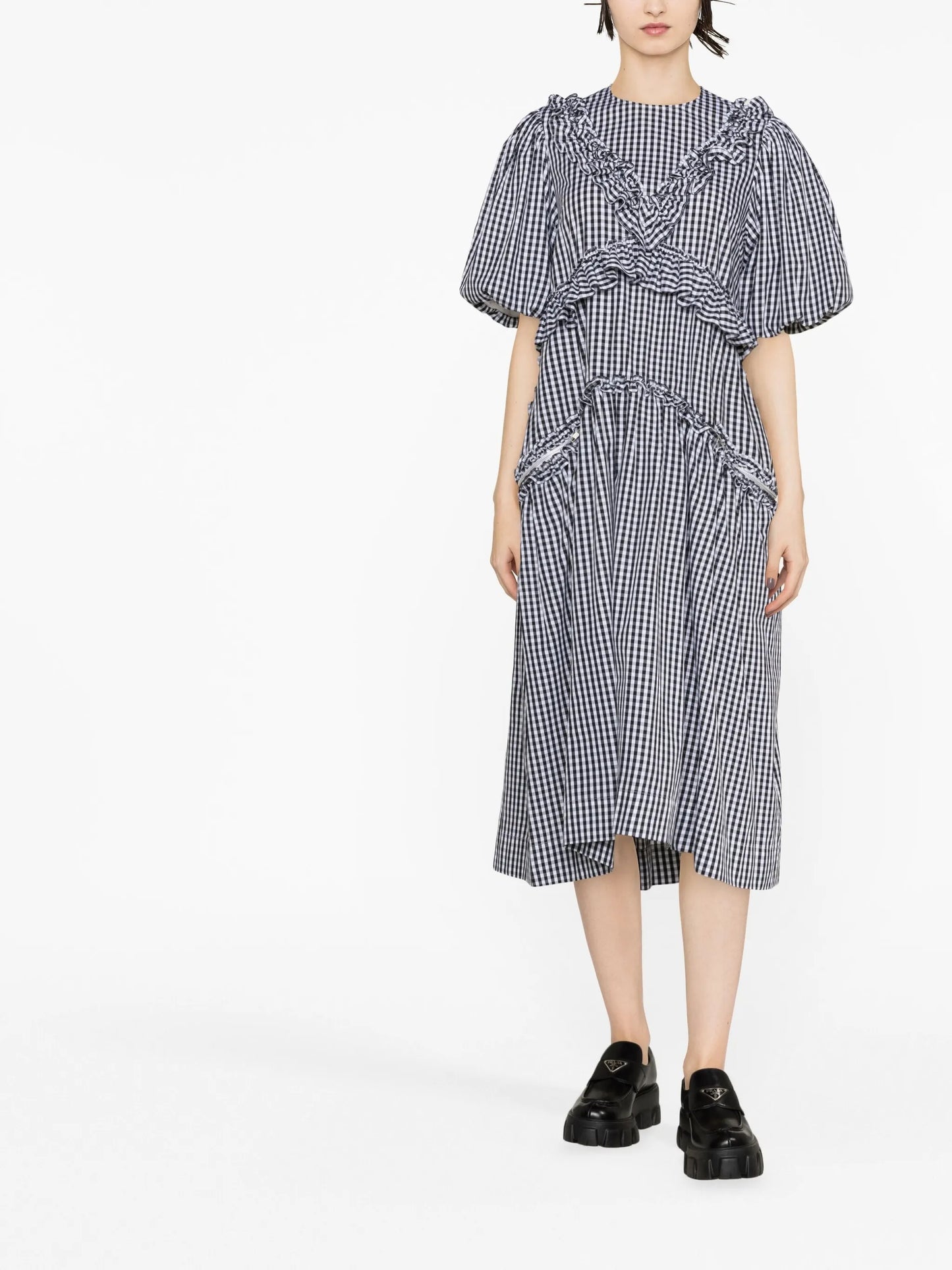 gingham-check puff-sleeve dress