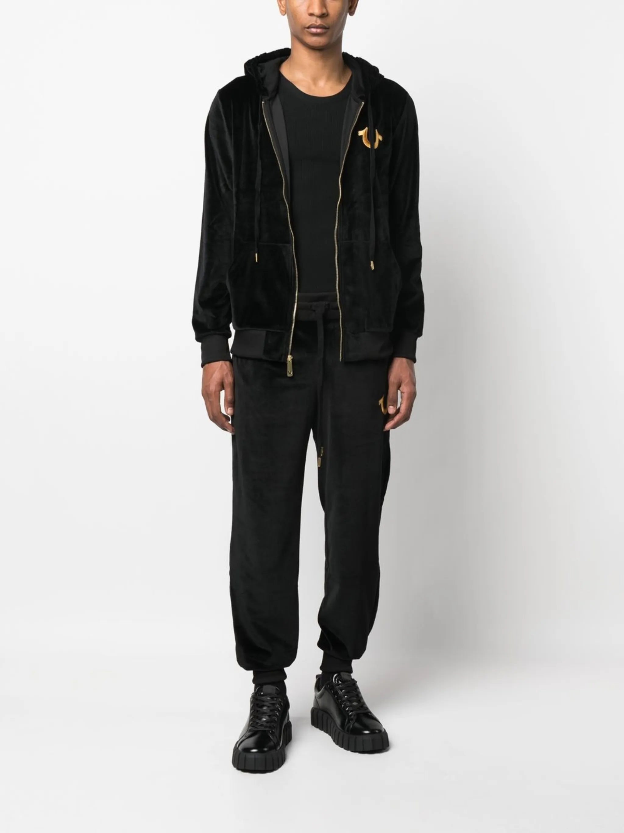 logo-print velour zipped hoodie