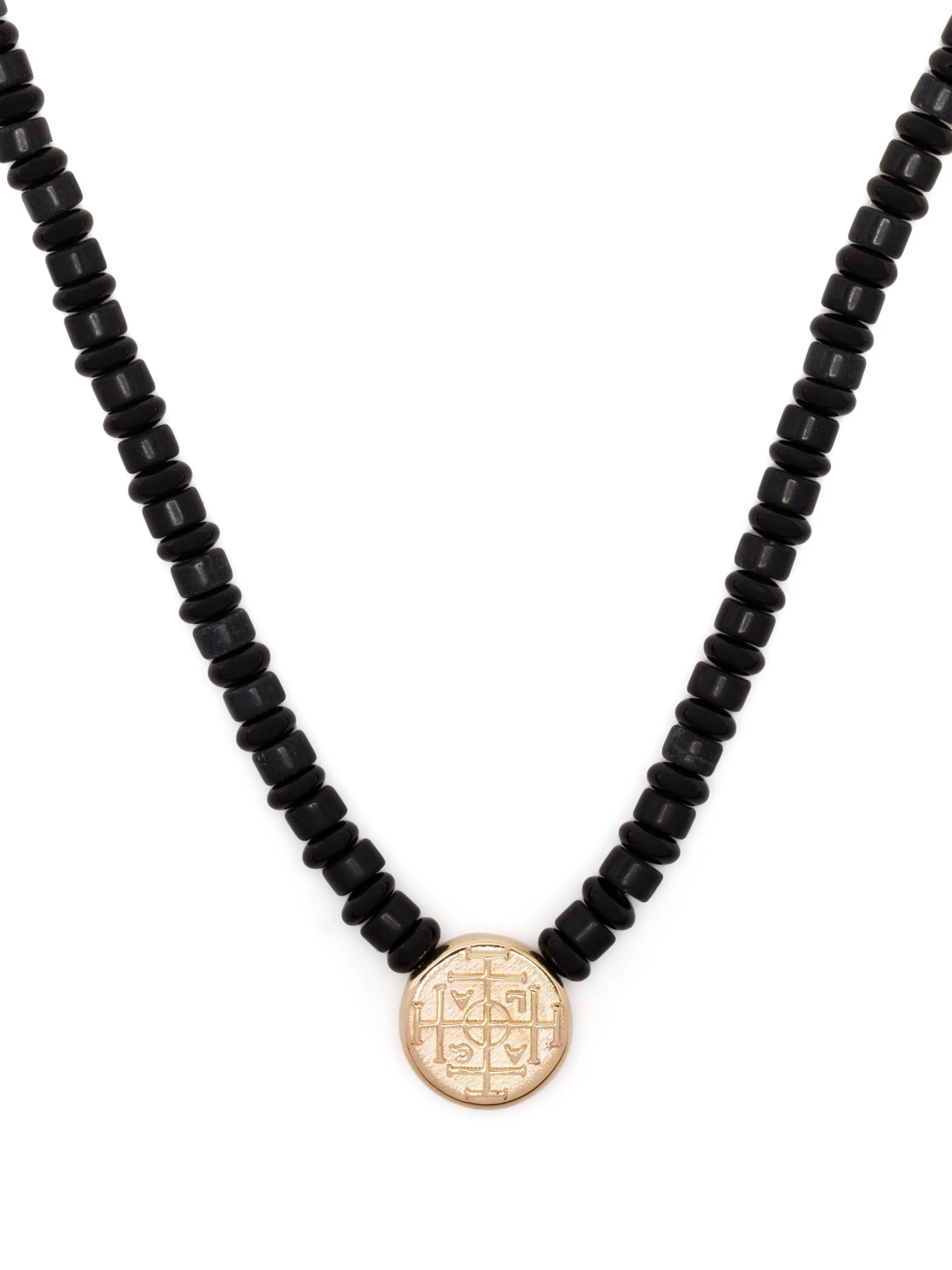 14kt yellow gold Money Seal onyx beaded necklace