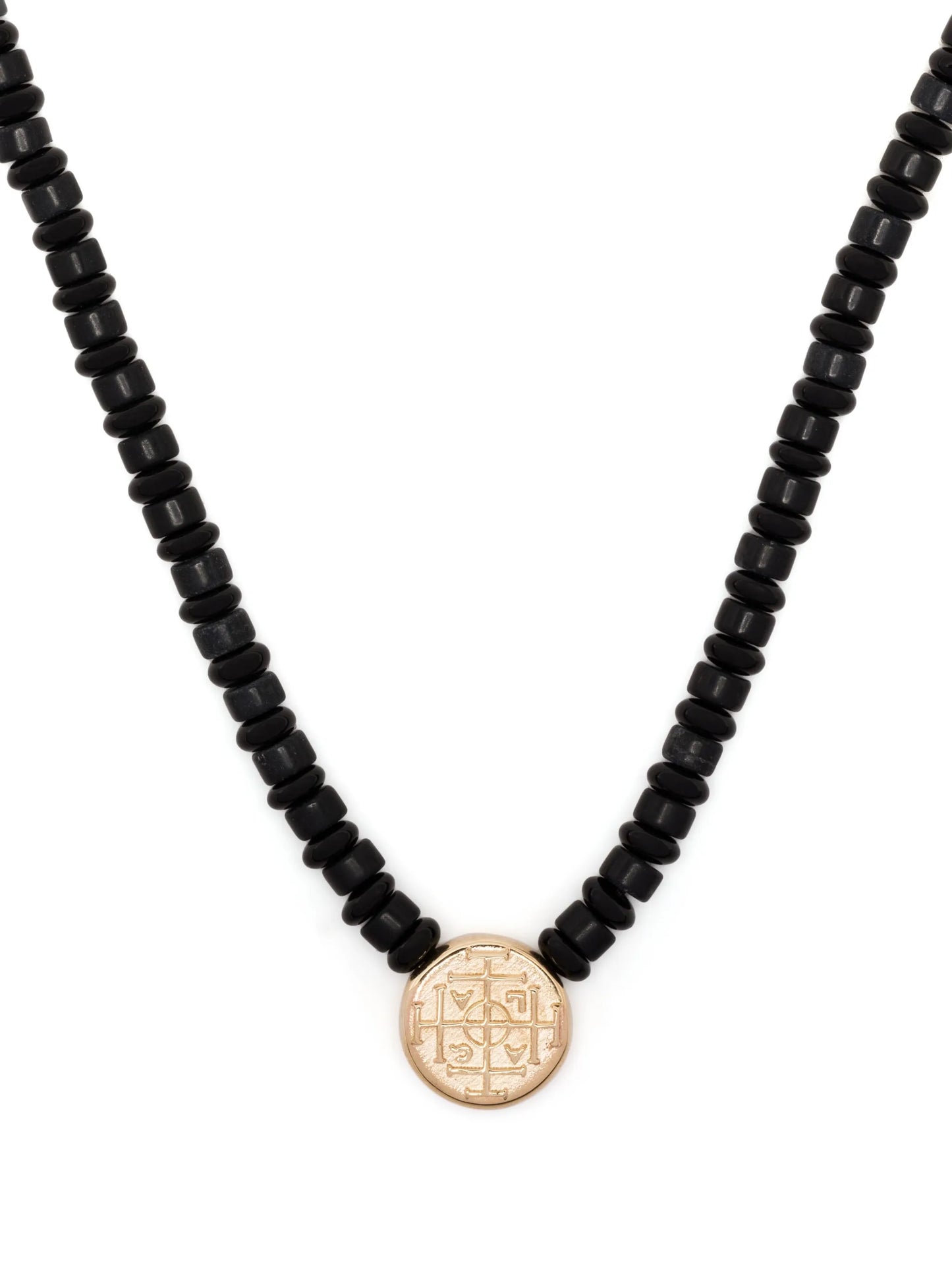 14kt yellow gold Money Seal onyx beaded necklace