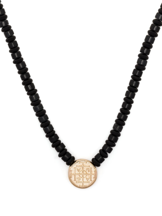 14kt yellow gold Money Seal onyx beaded necklace