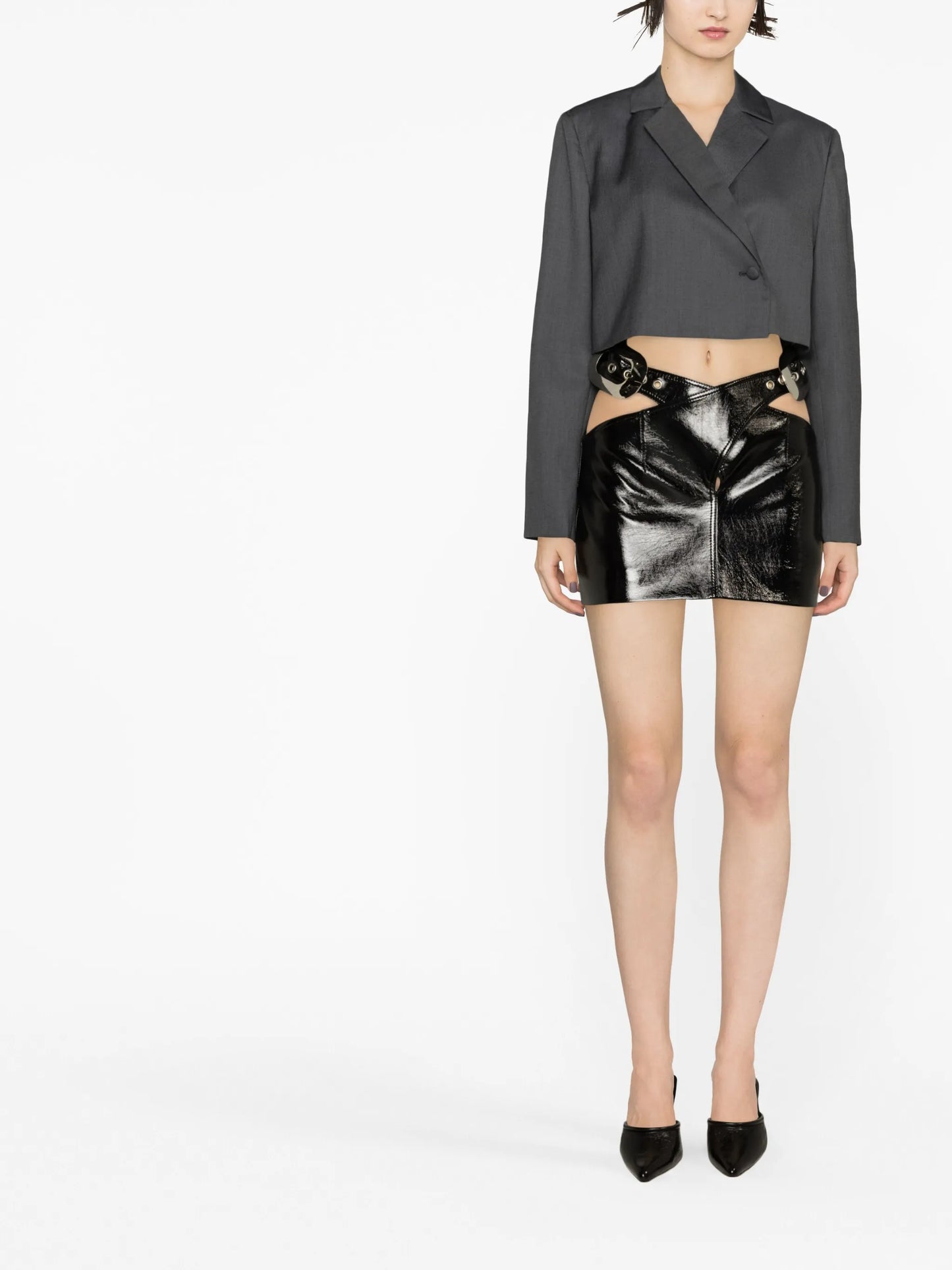 lacquered-finish belted miniskirt