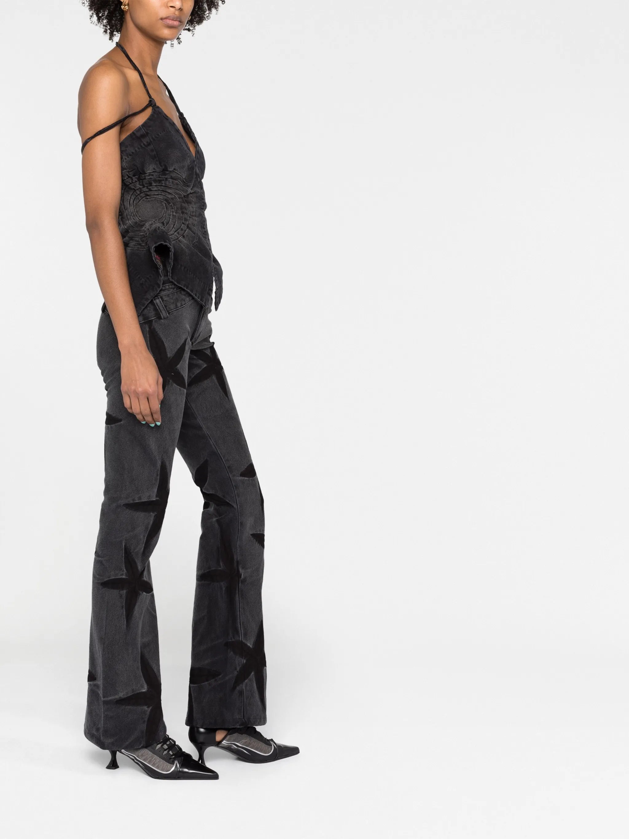 floral-patch bootcut jeans
