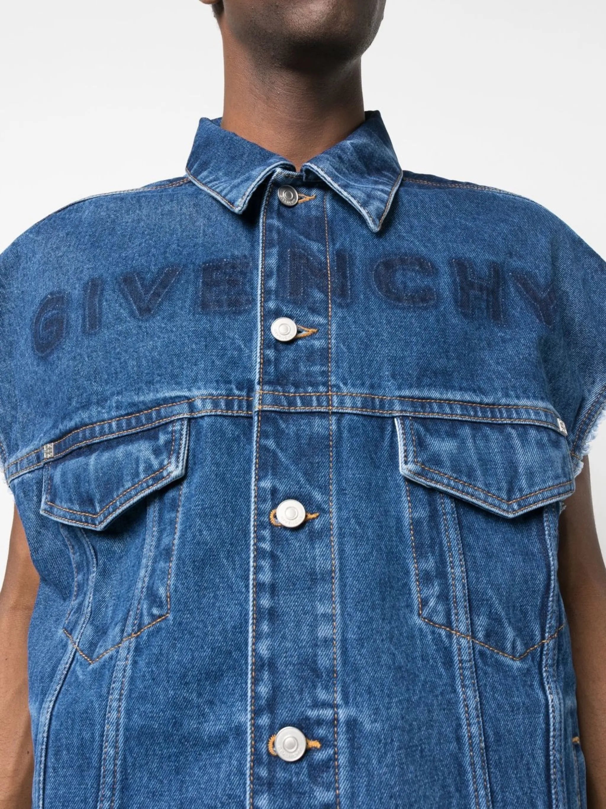 distressed-logo denim gilet