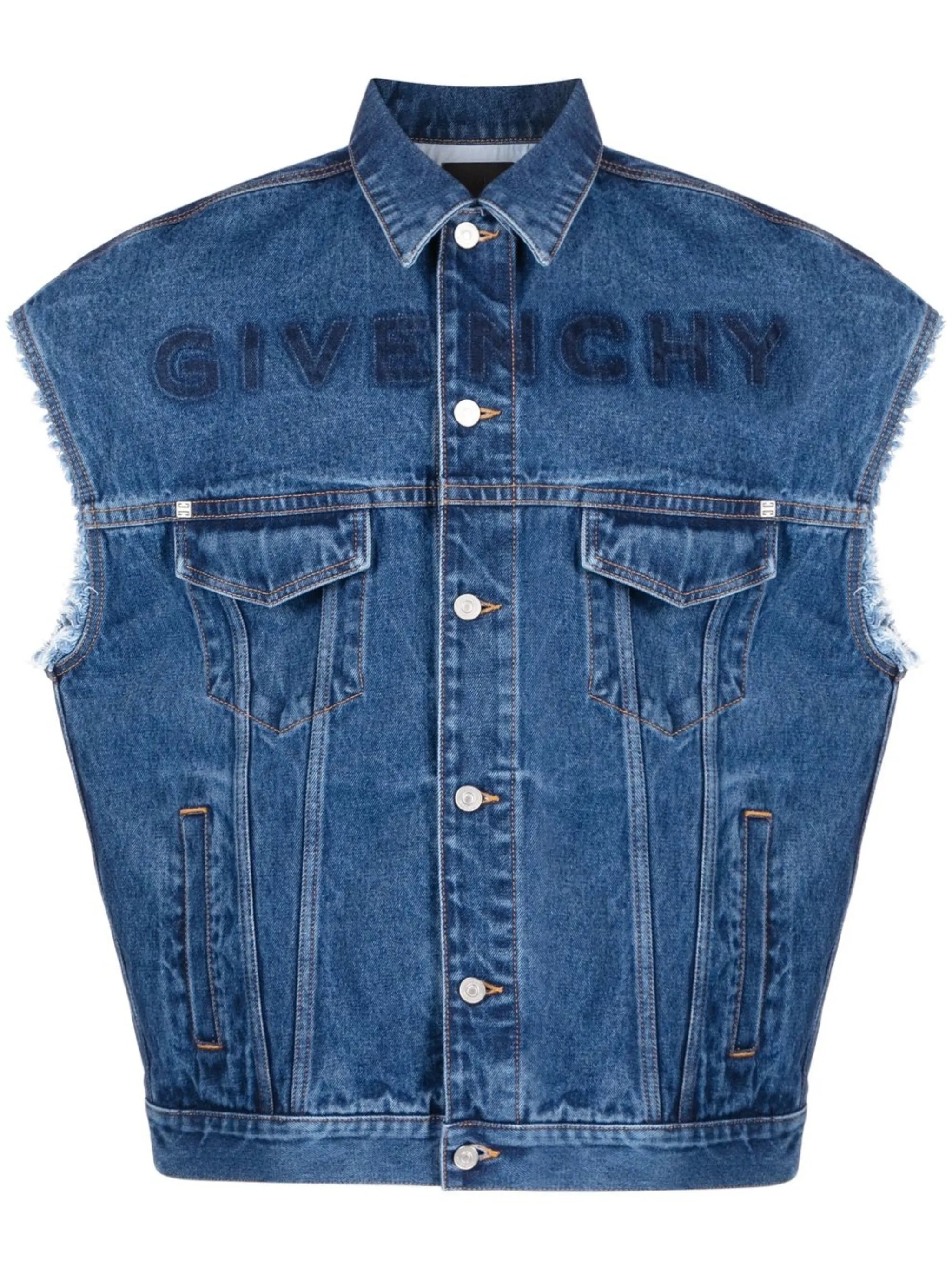 distressed-logo denim gilet