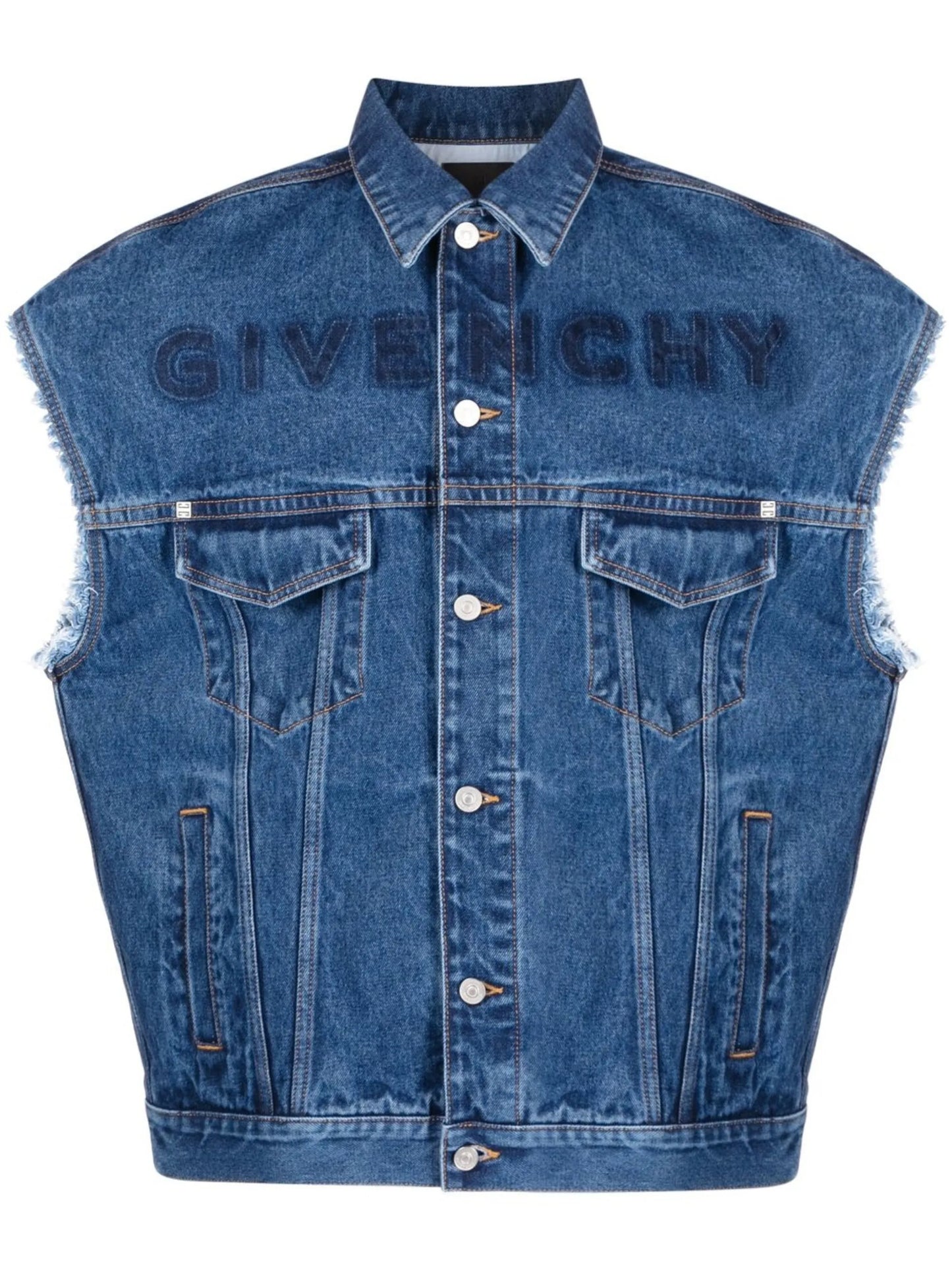 distressed-logo denim gilet