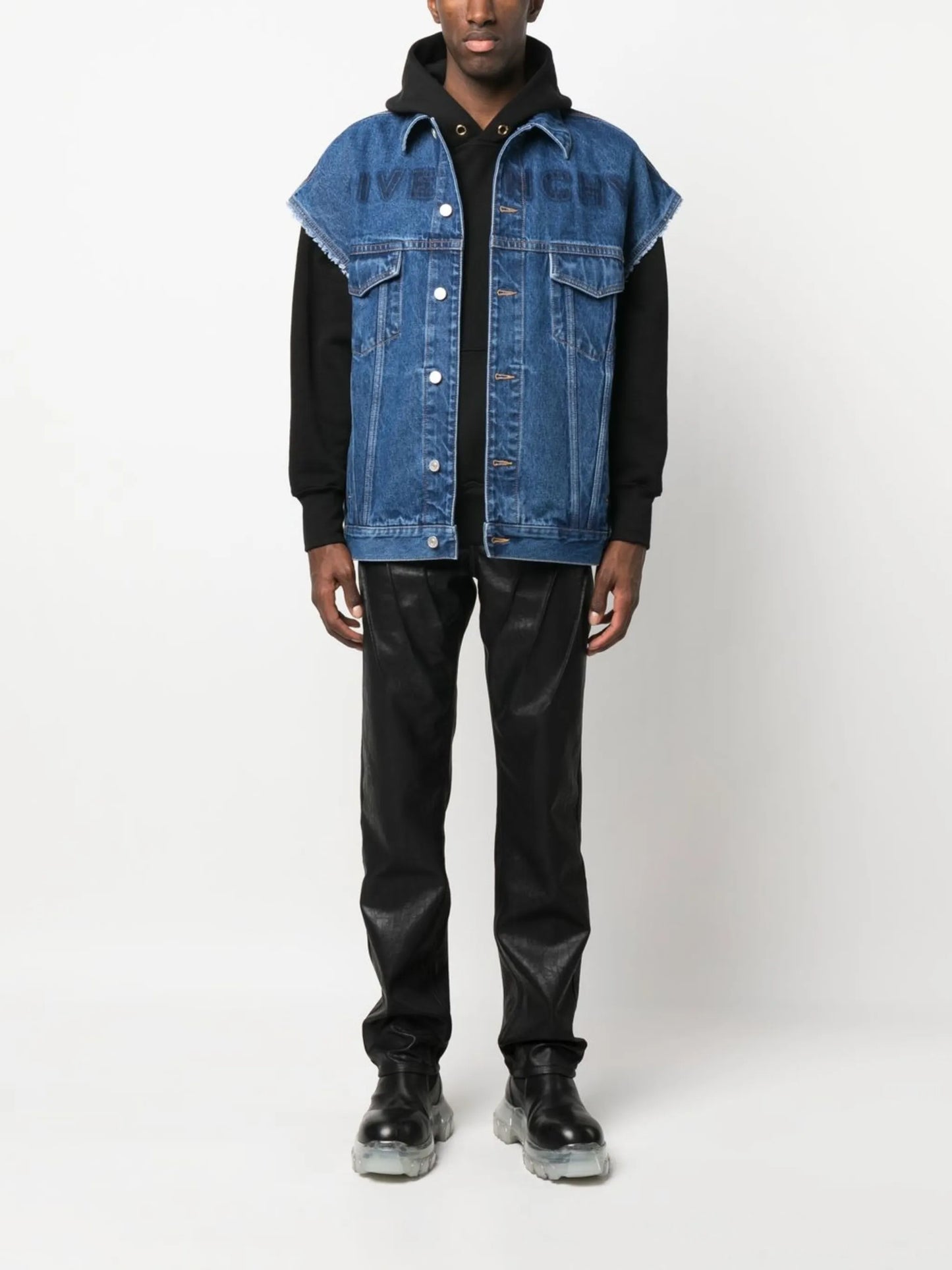 distressed-logo denim gilet