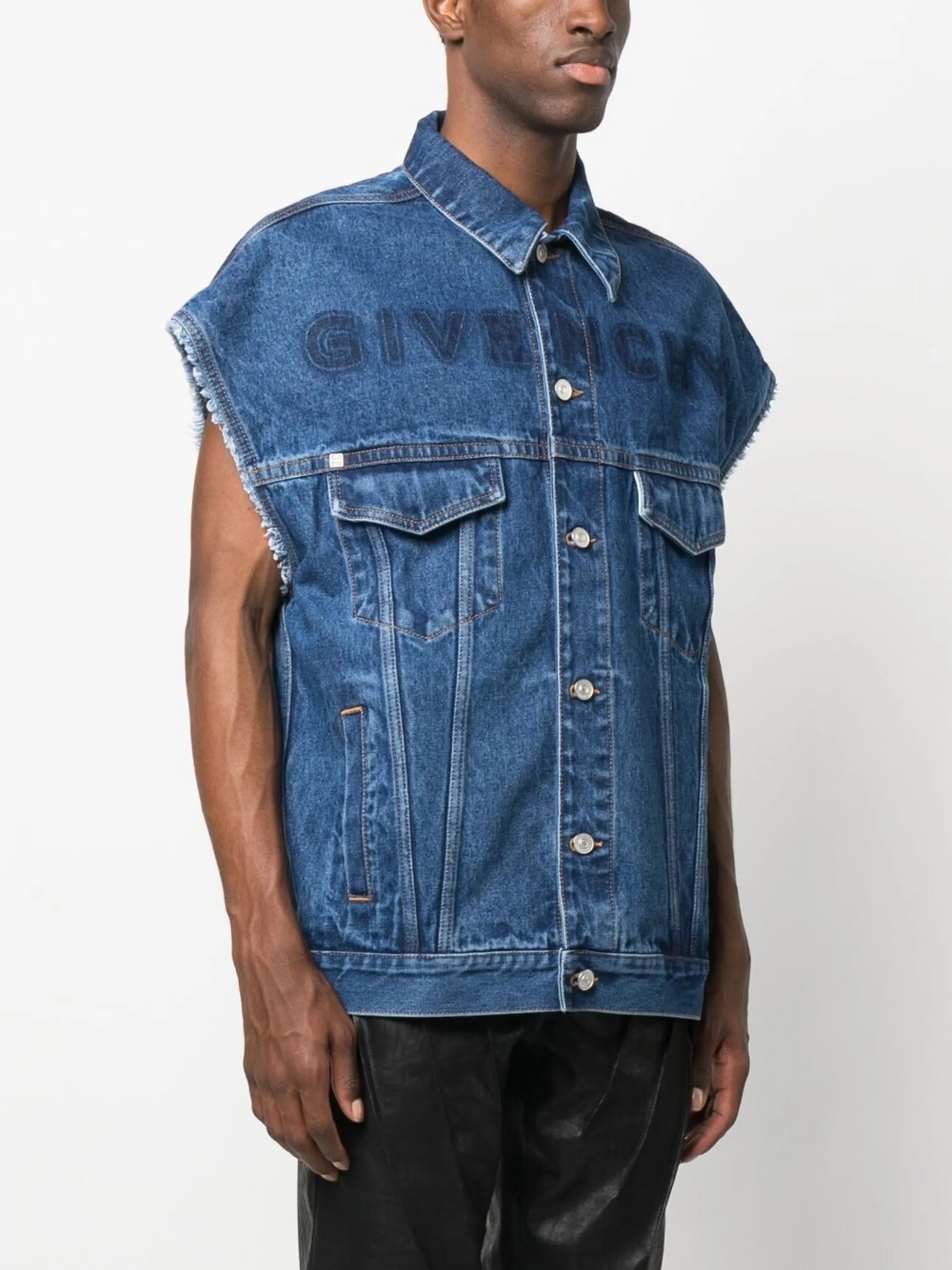 distressed-logo denim gilet