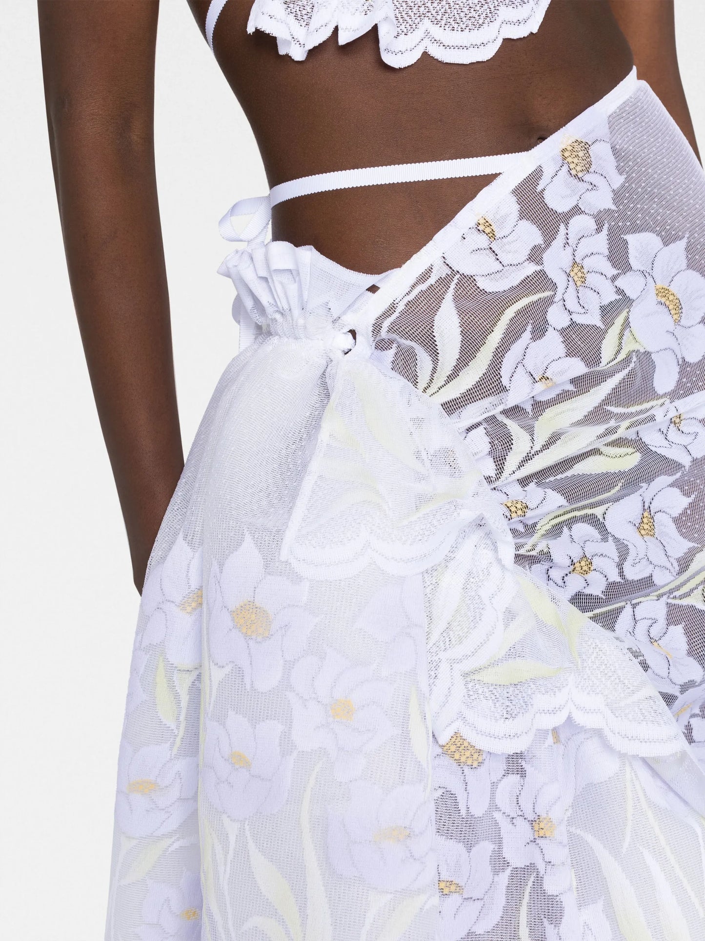 gathered-detail lace midi skirt