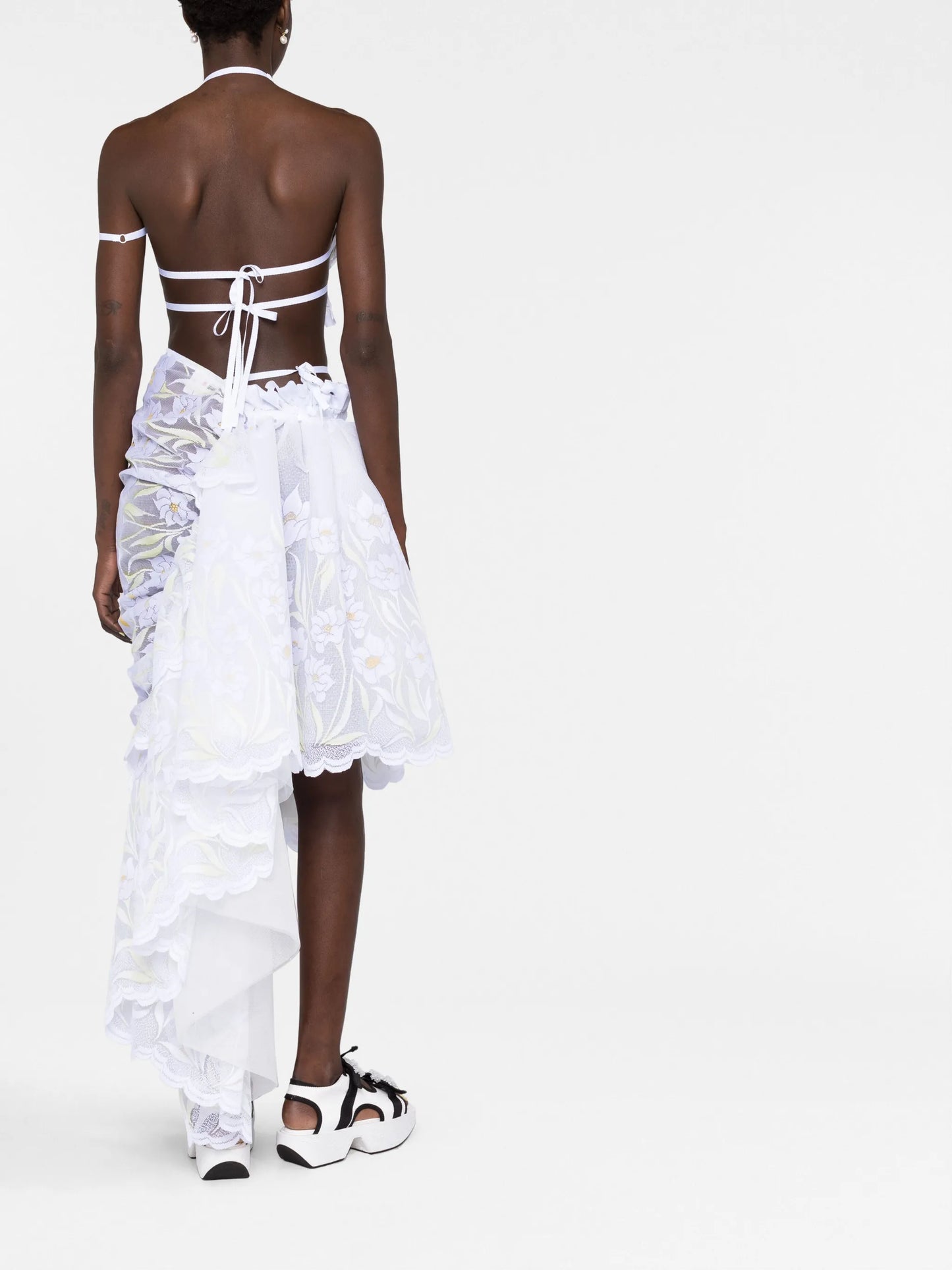 gathered-detail lace midi skirt