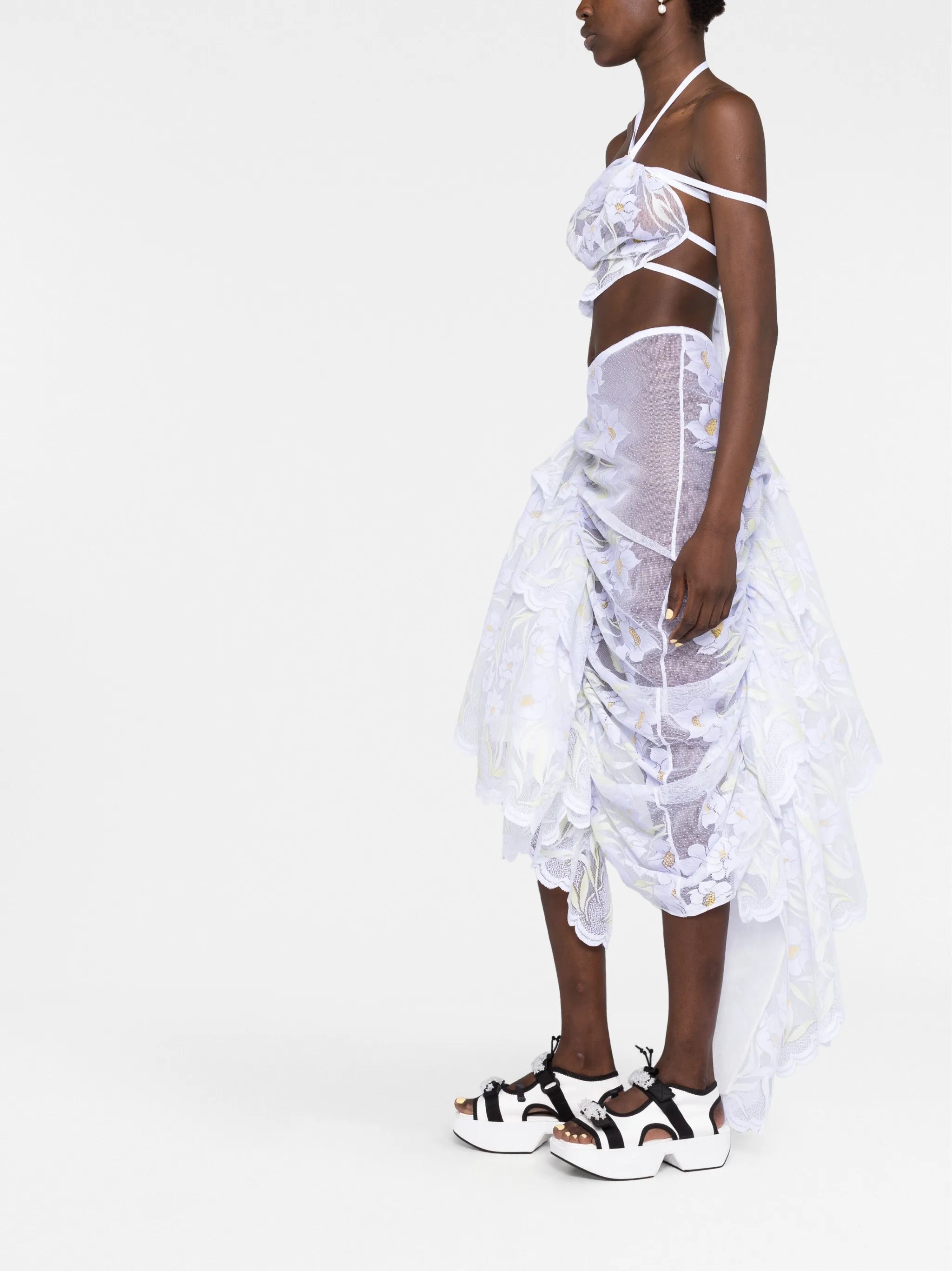 gathered-detail lace midi skirt