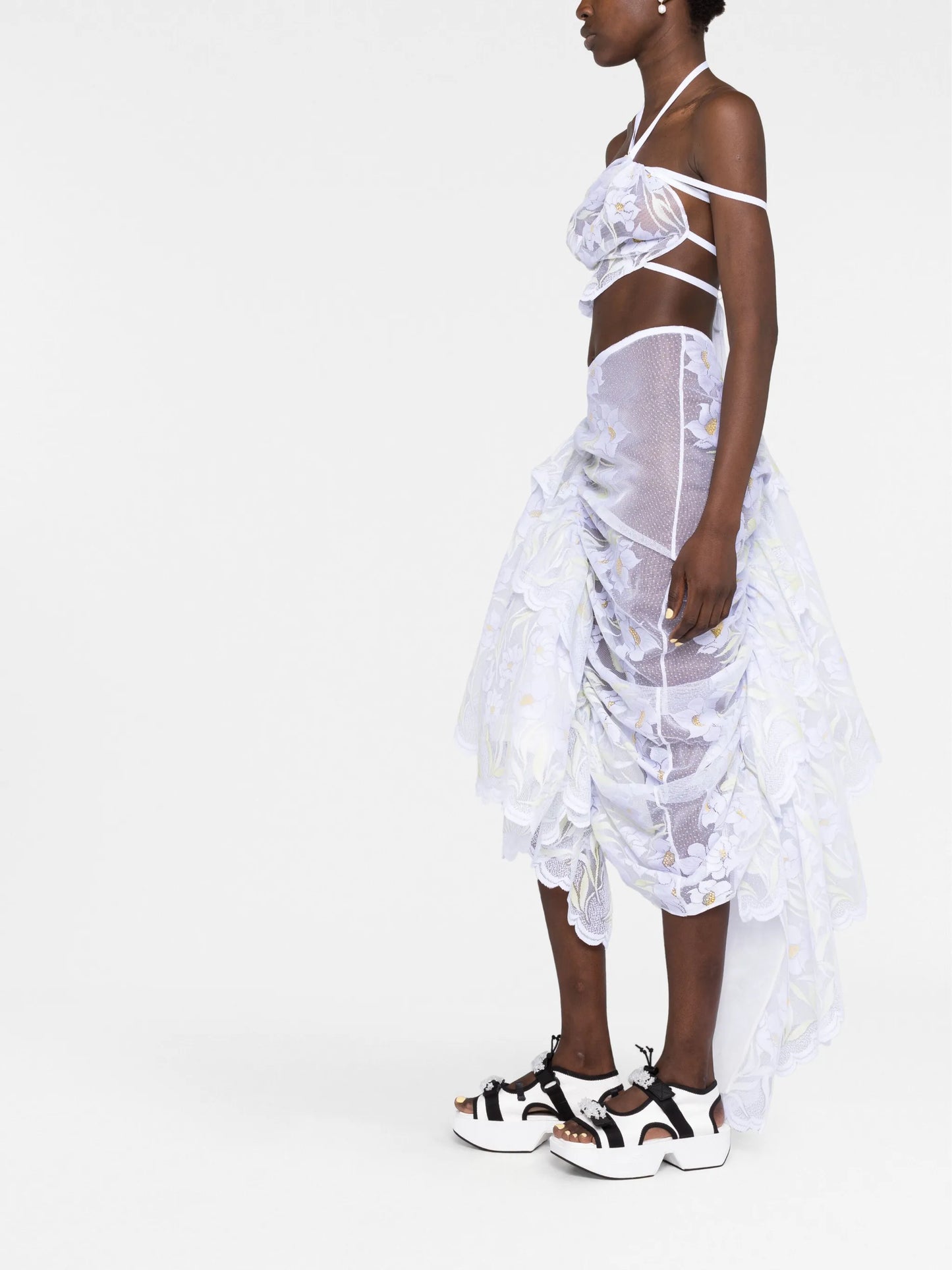 gathered-detail lace midi skirt