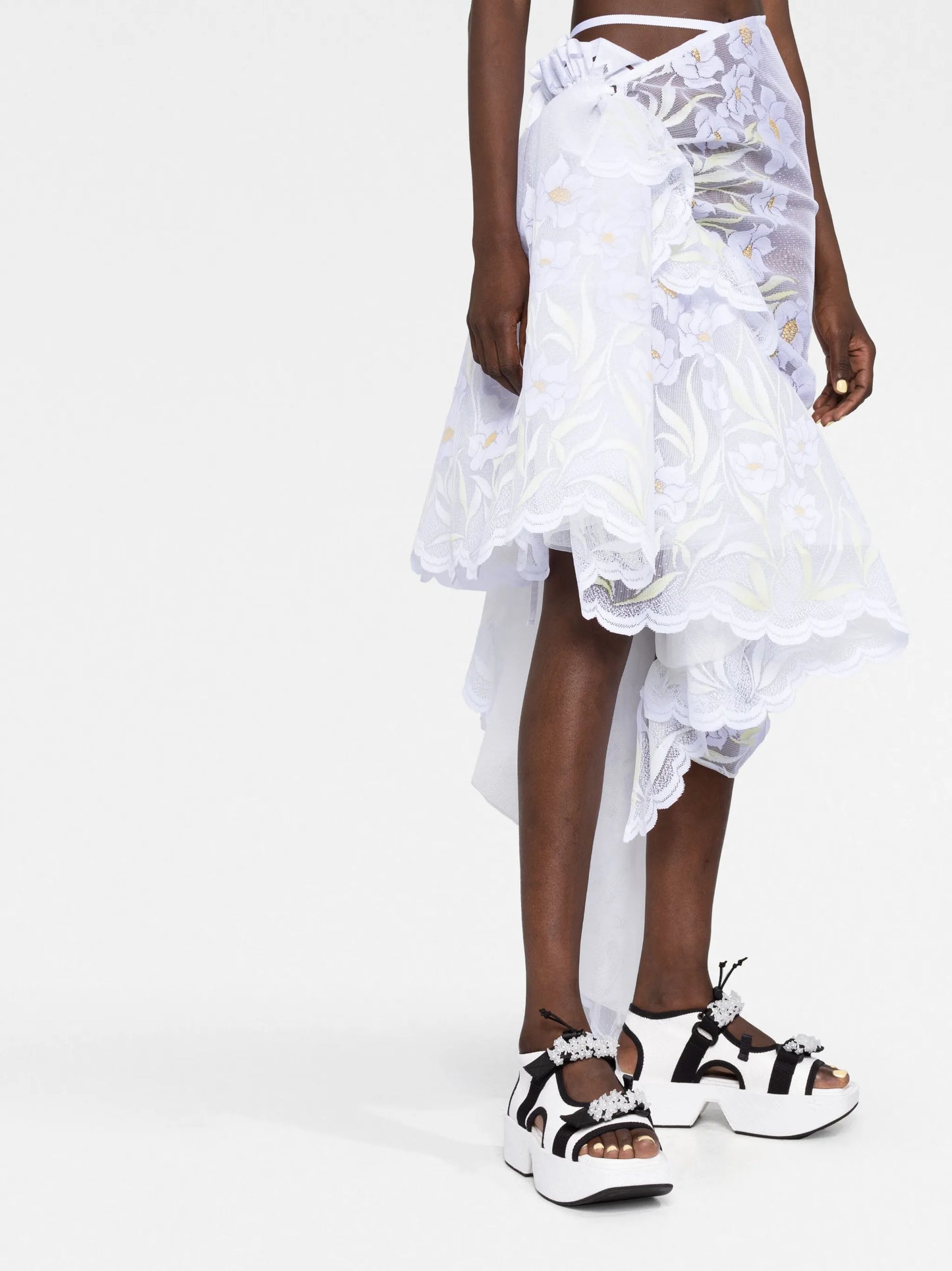gathered-detail lace midi skirt