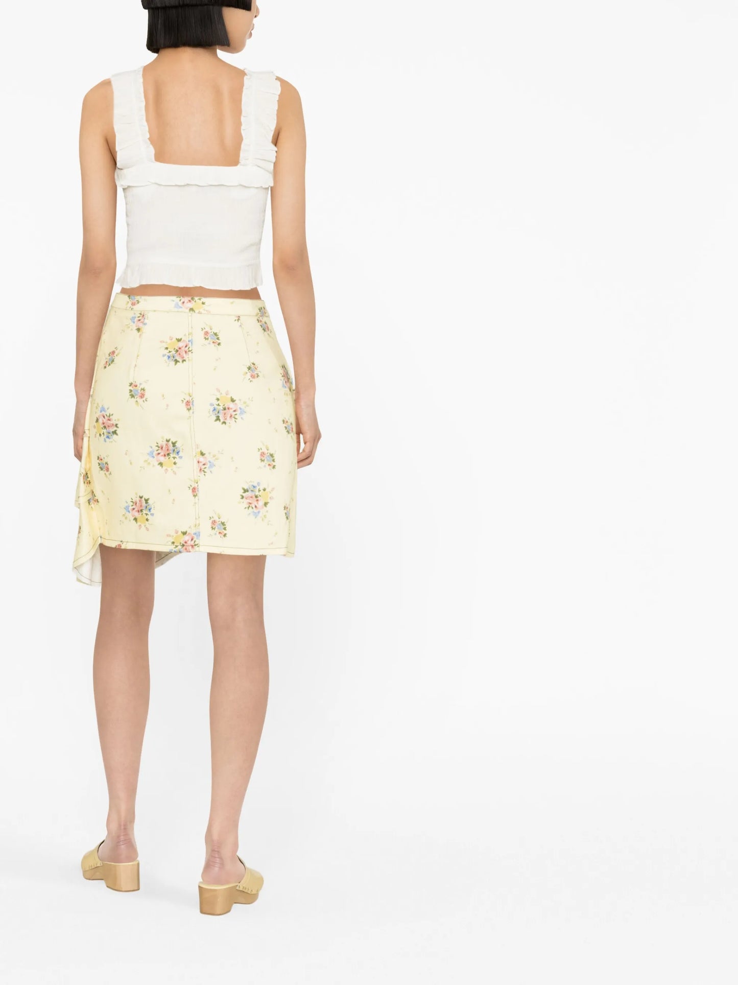 floral-print denim skirt