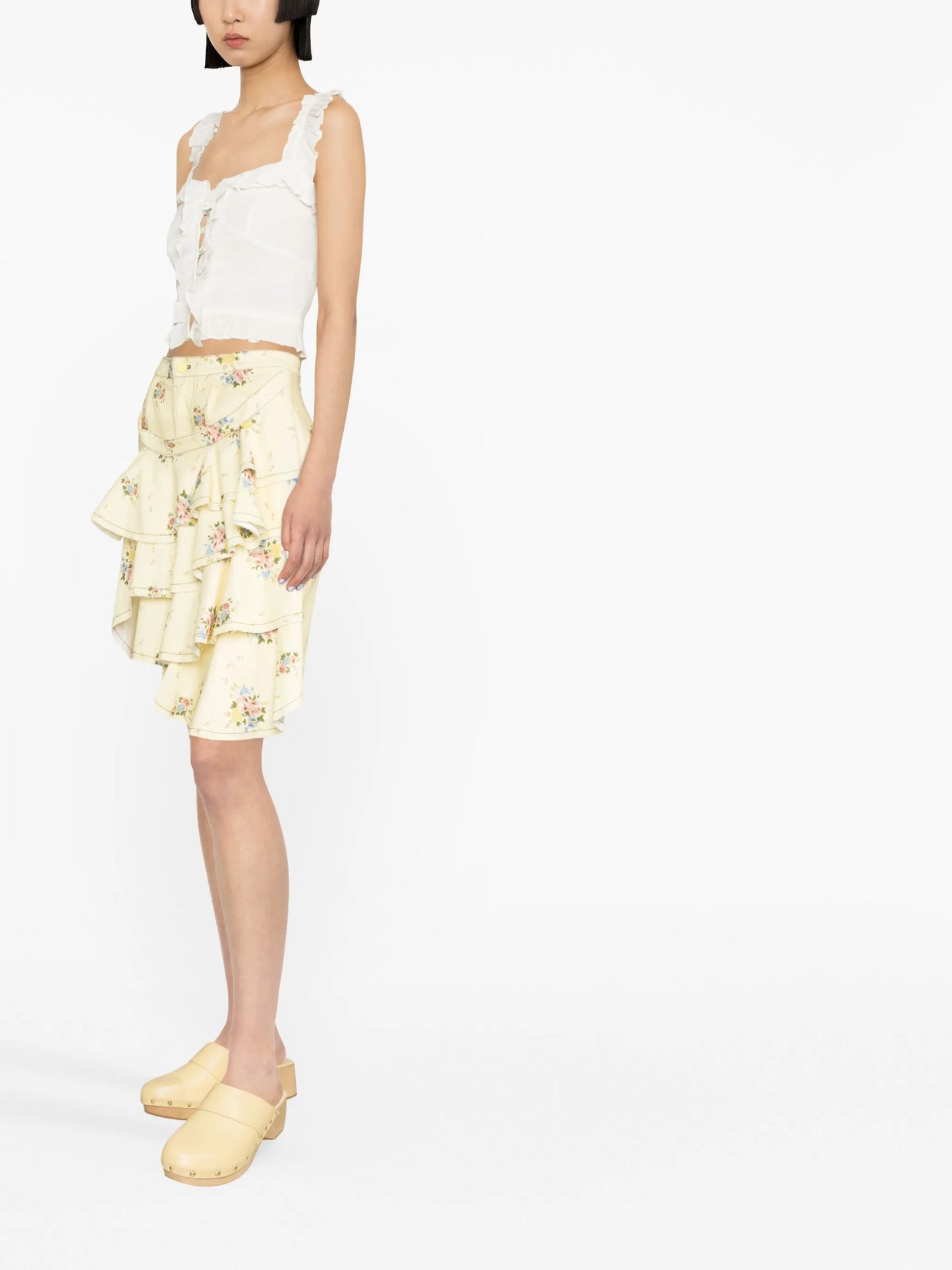 floral-print denim skirt