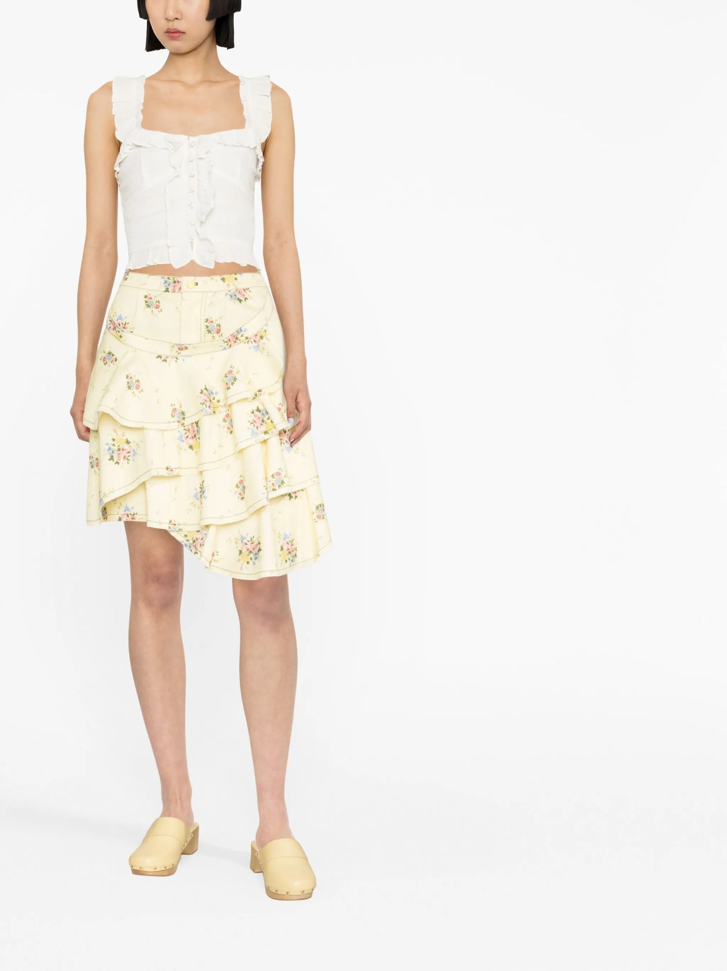 floral-print denim skirt
