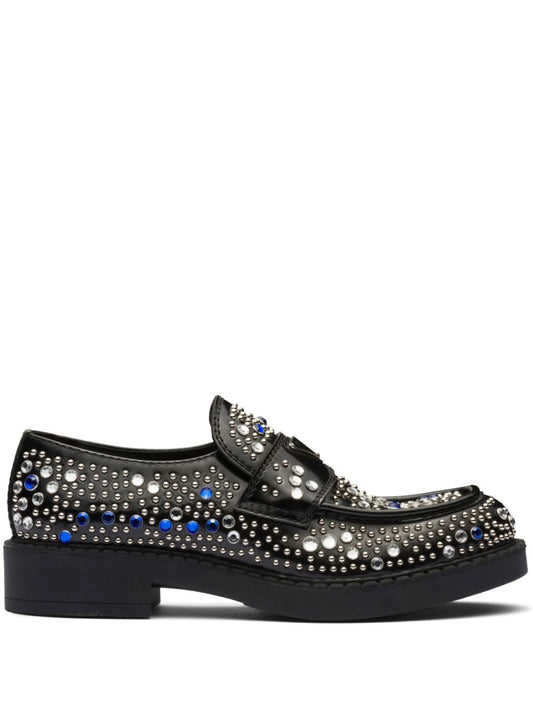 rhinestone-embellished brushed leather loafers