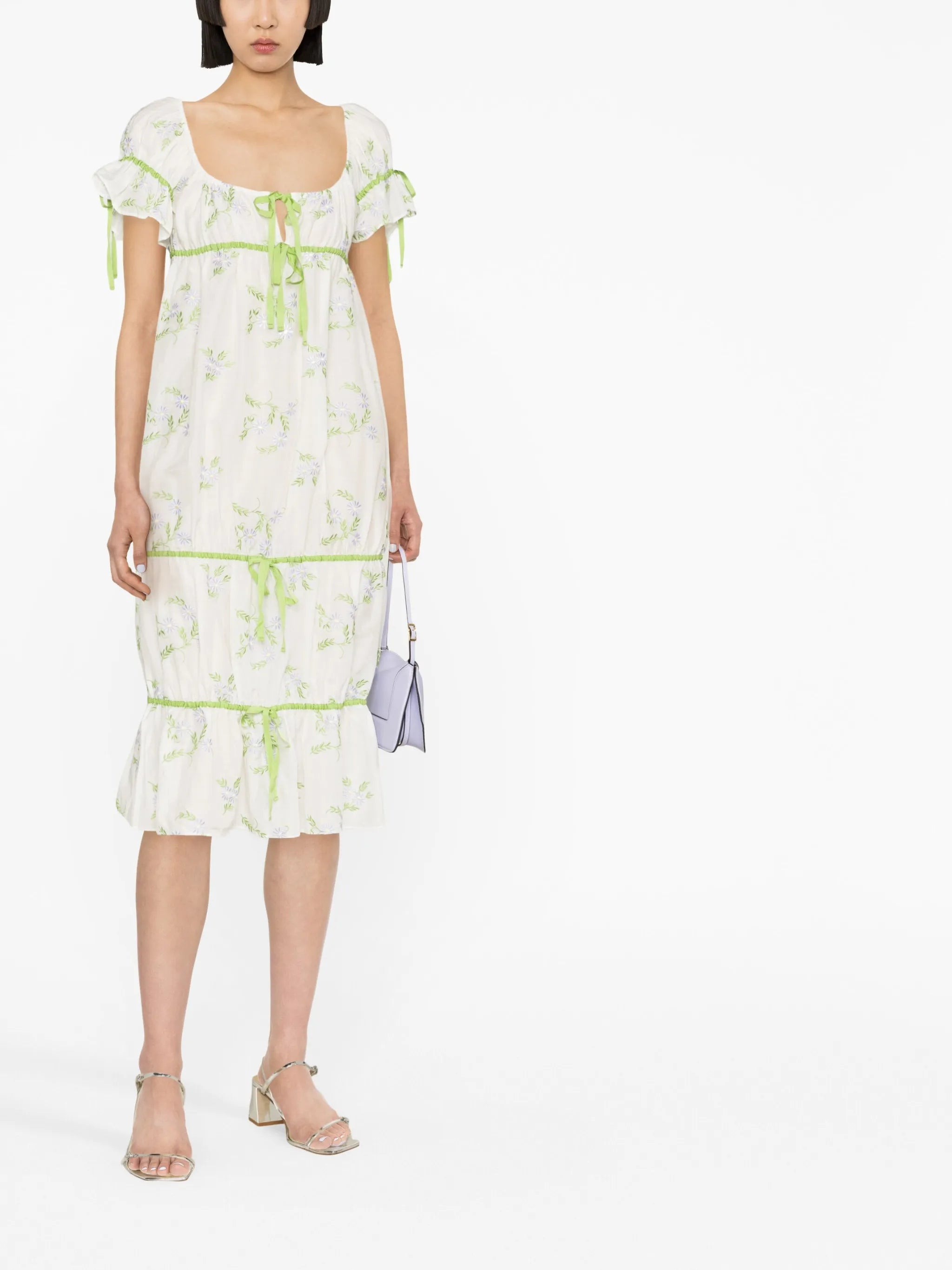 floral-embroidered drawstring dress