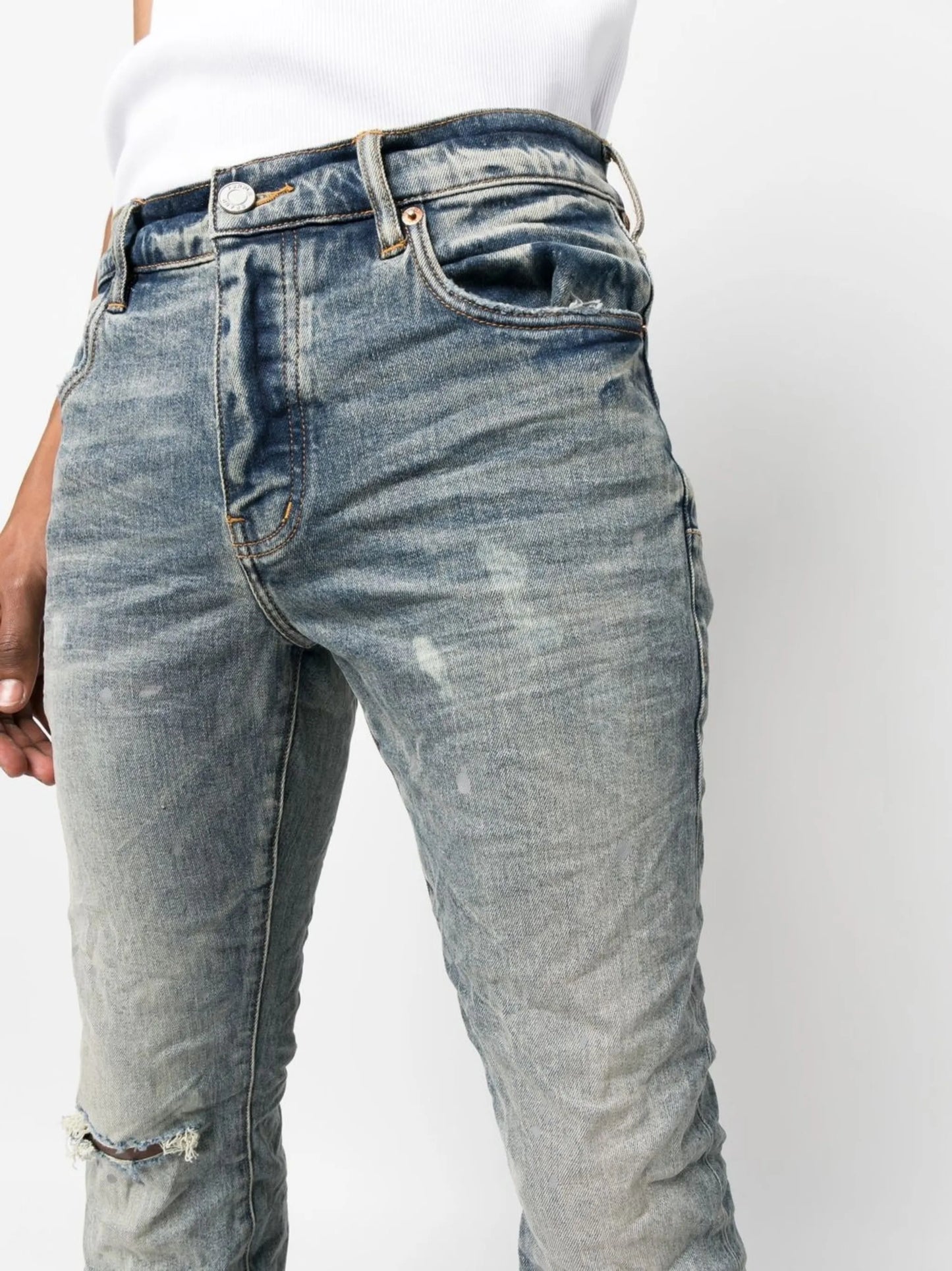 medium-wash slim-cut jeans