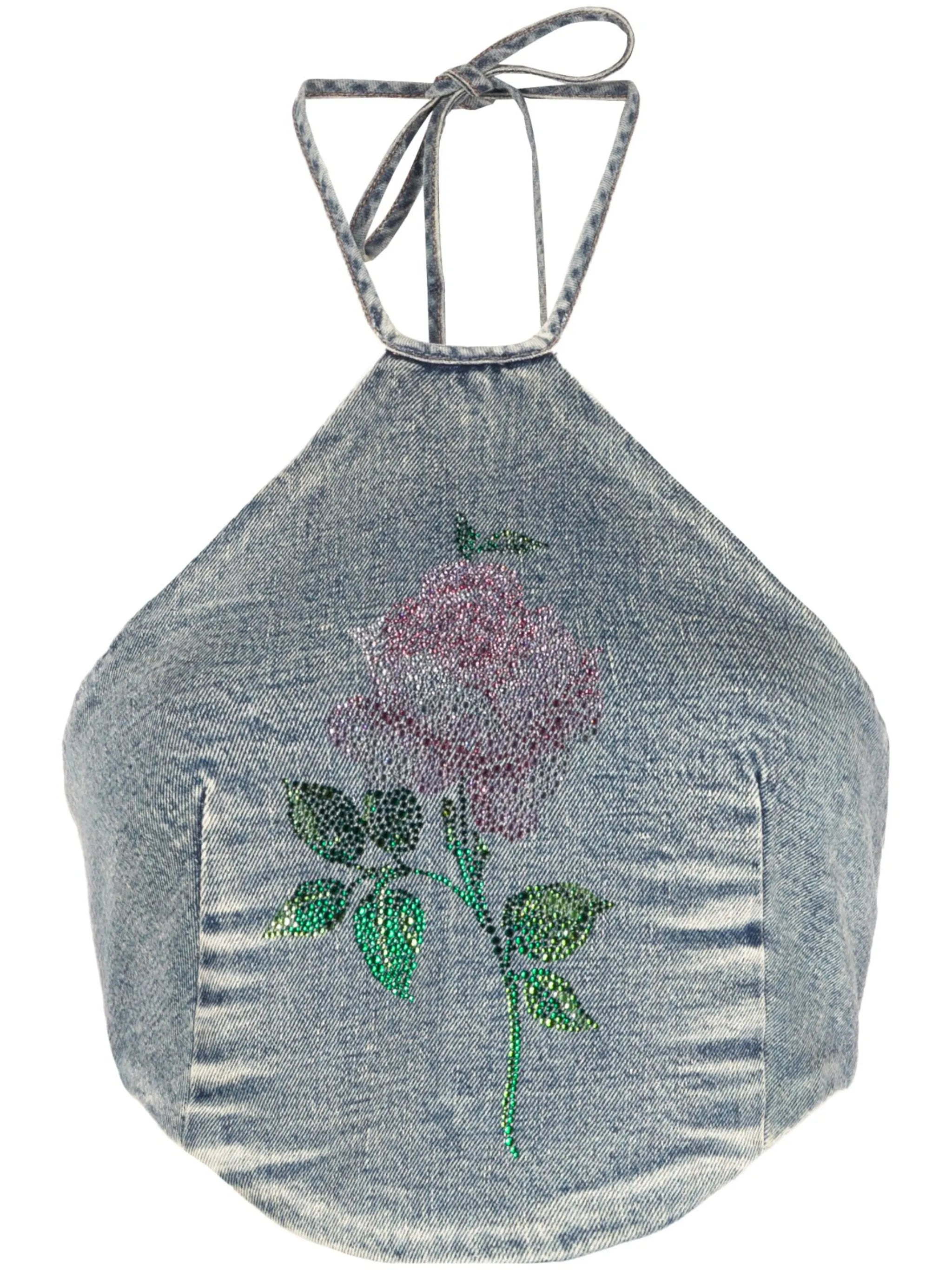 crystal-embellished denim halterneck top