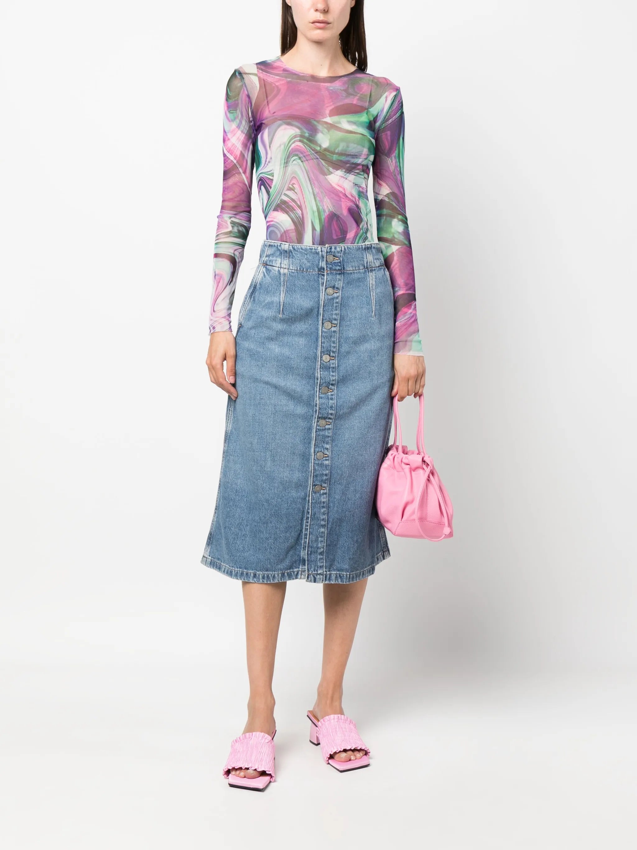 buttoned midi denim skirt