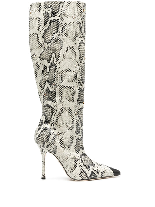 snake-print knee-high boots