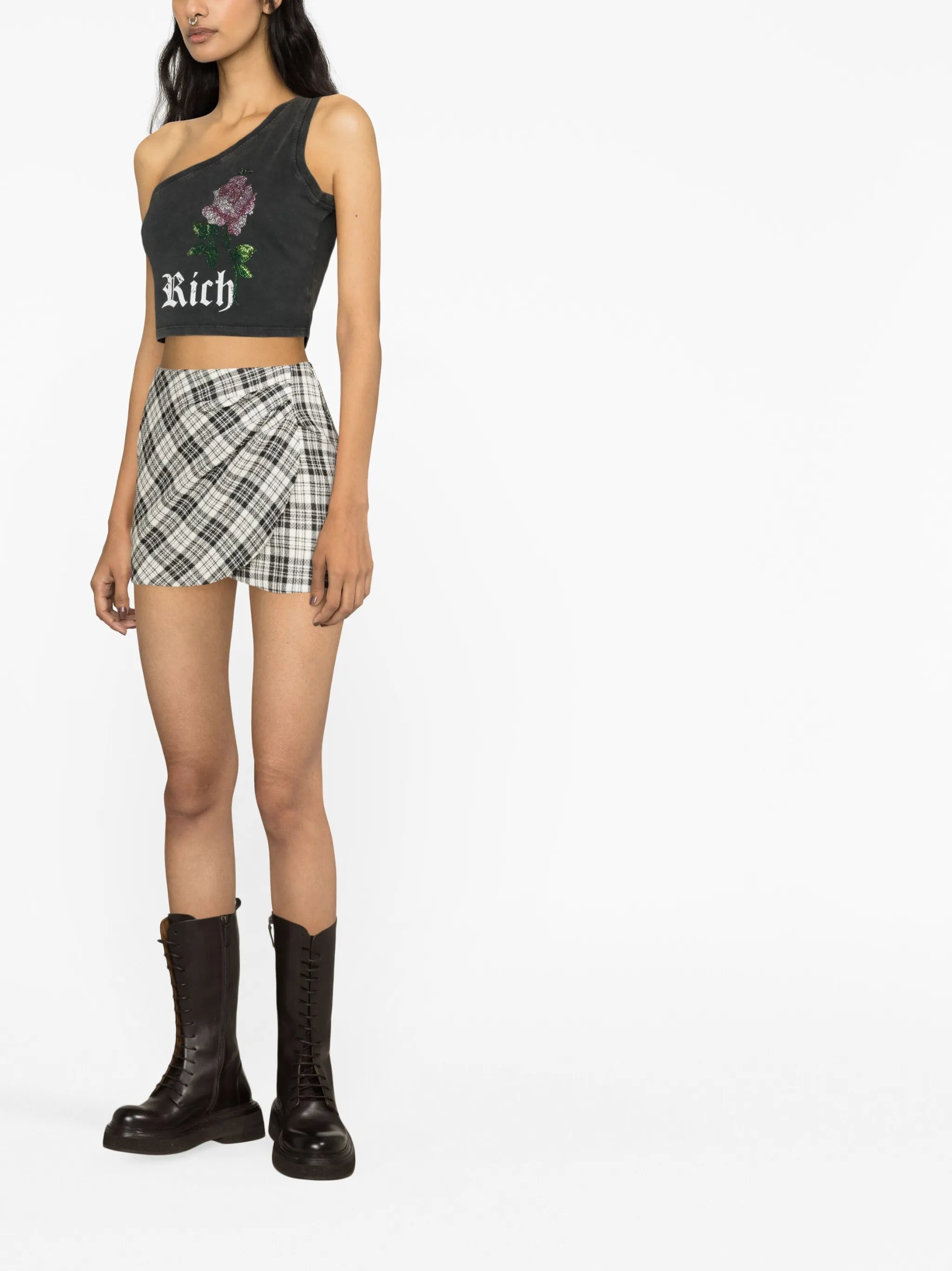 high-waisted check-pattern skirt