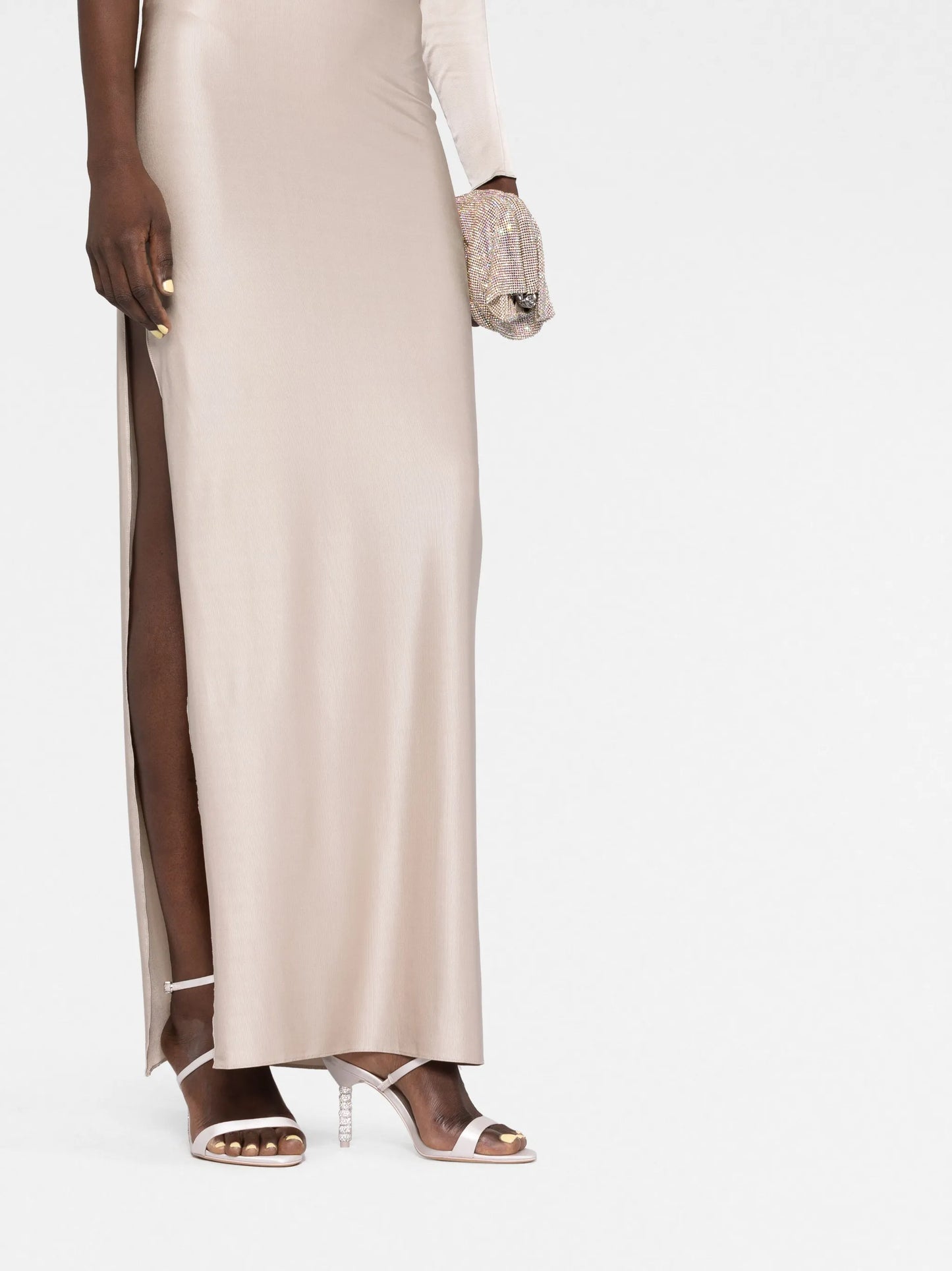 off-shoulder satin-finish gown