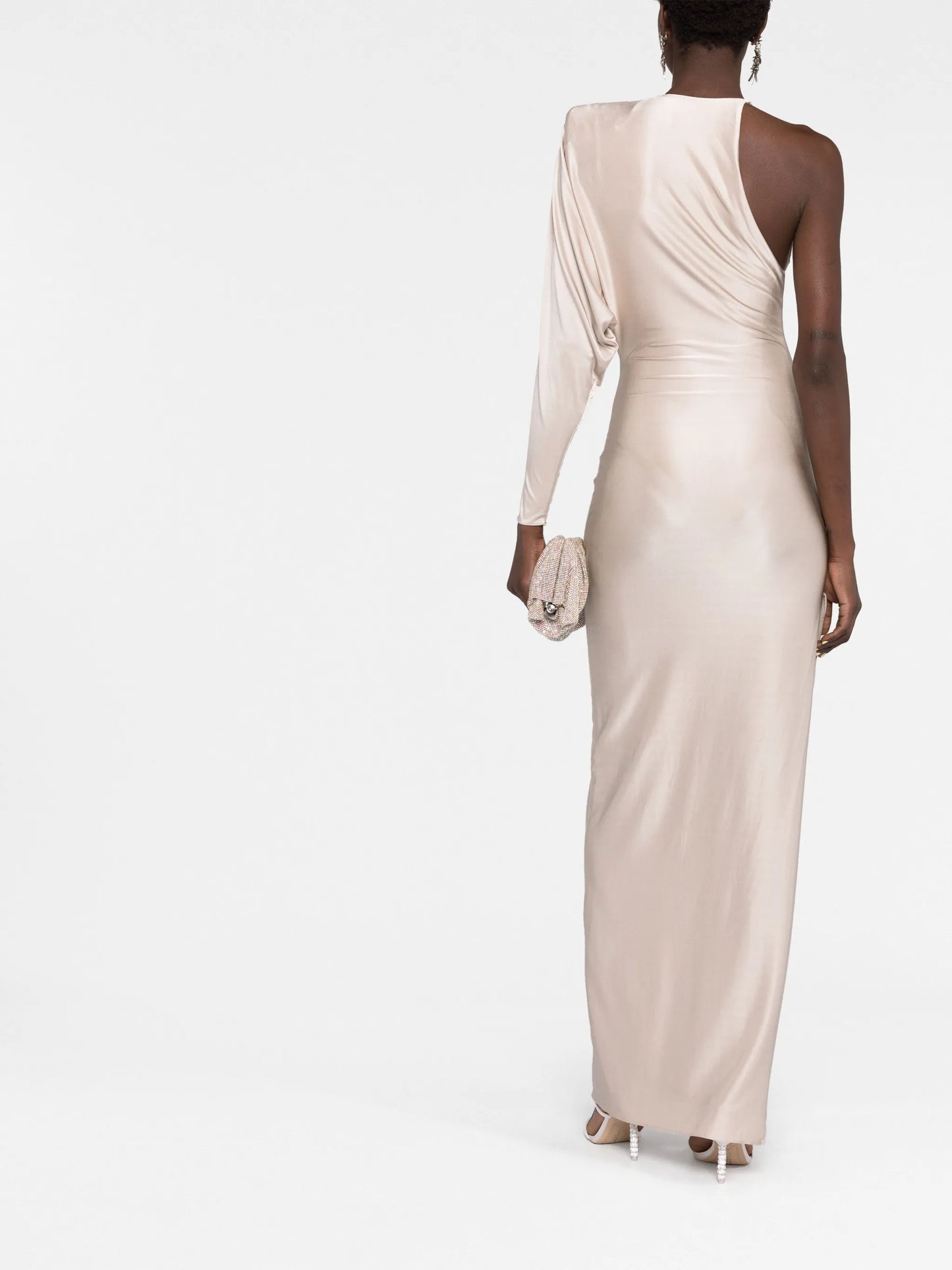 off-shoulder satin-finish gown
