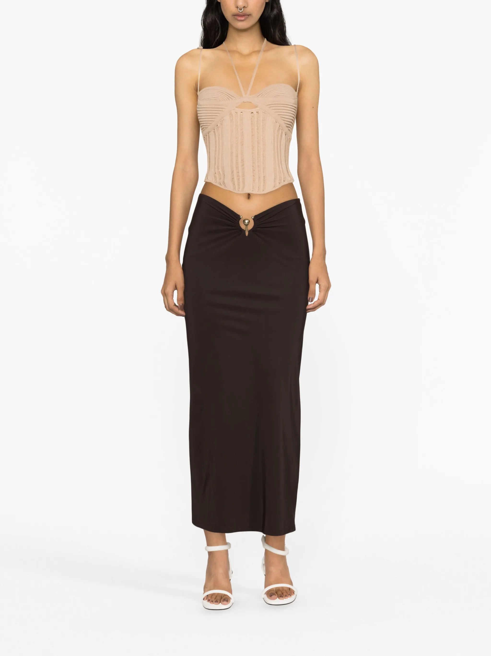 low-rise ruched midi skirt